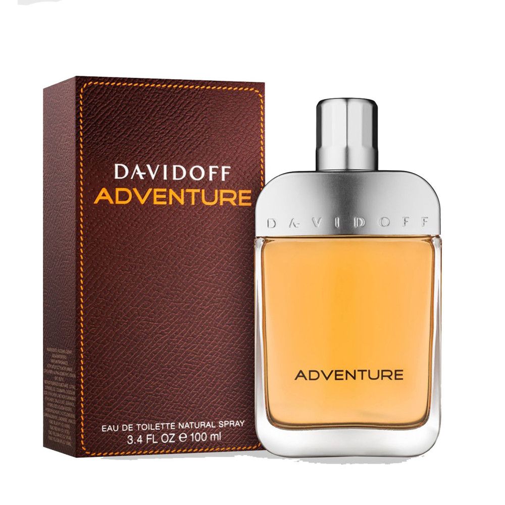 Davidoff Adventure Eau de Toilette Flakon und Verpackung. Braune Verpackung mit Schriftzug. Flakon mit silbernem Verschluss.