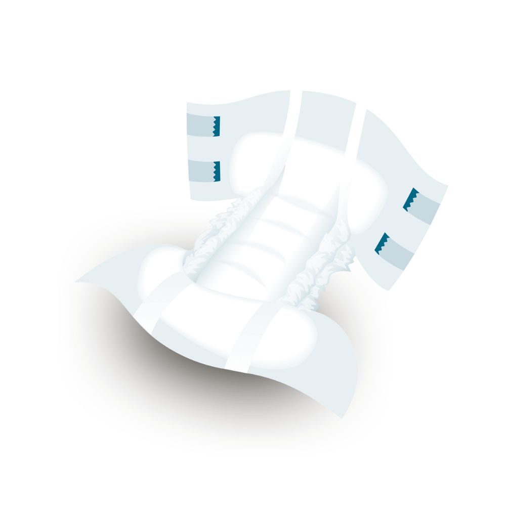 Attends Slip Regular 10. Weißer Inkontinenzslip mit blauen Verschlüssen und seitlichen Auslaufbarrieren.