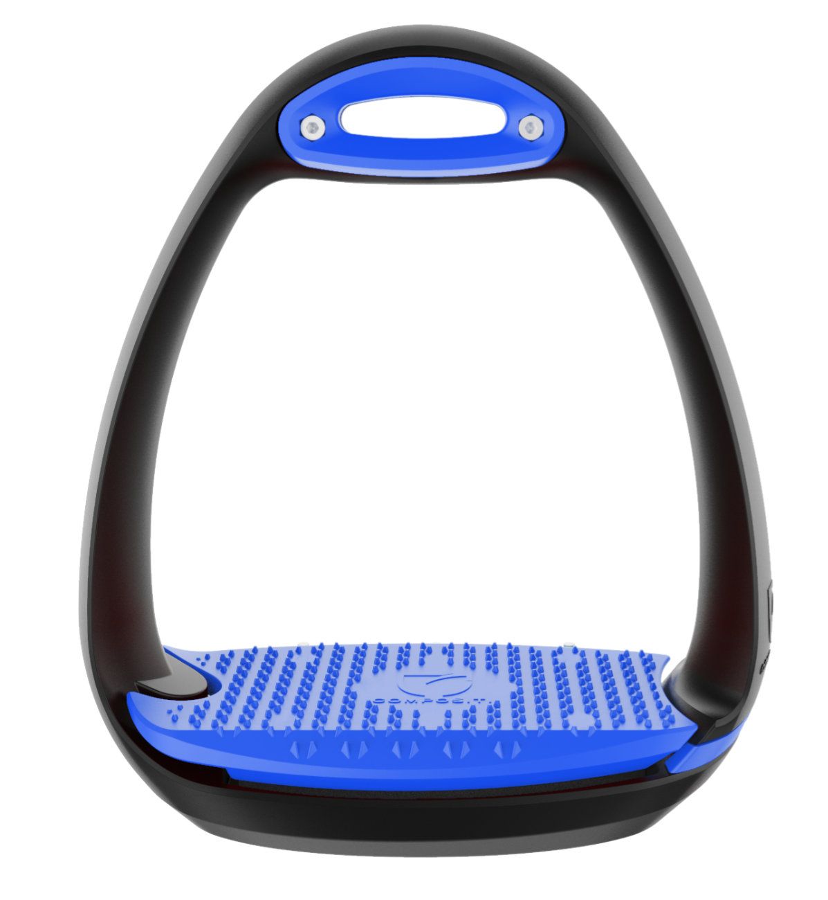 Steigbügel, blau-schwarz. Ovaler Rahmen, geriffelte Trittfläche. Zwei Schrauben oben.