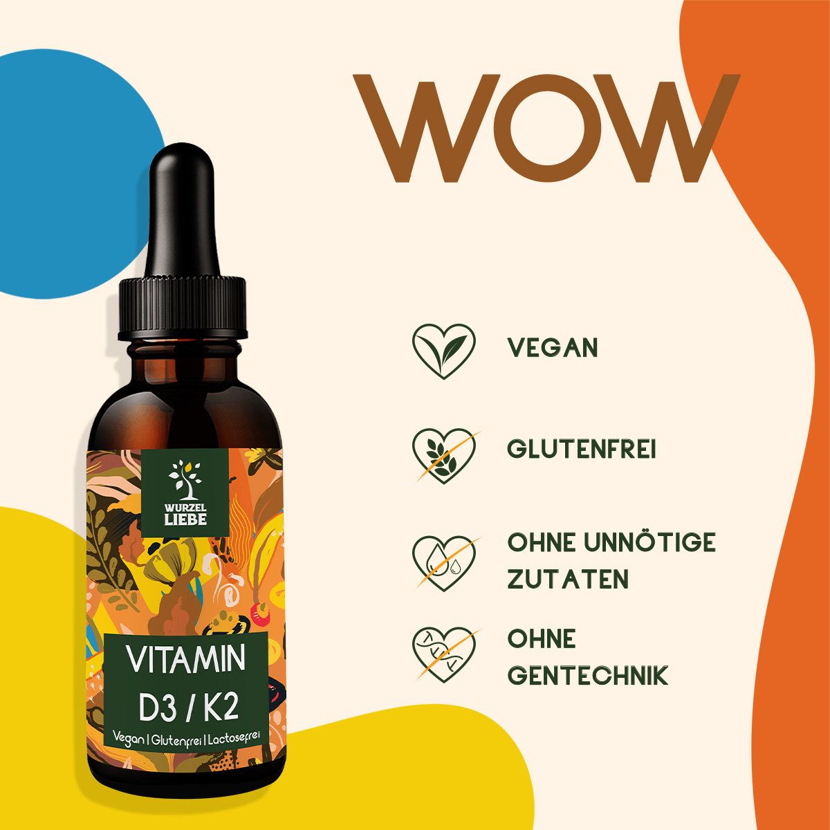 Braune Glasflasche mit Tropfer. Etikett mit Logo und Schriftzug: Vitamin D3 / K2. Text: Vegan, glutenfrei, ohne unnötige Zutaten, ohne Gentechnik.