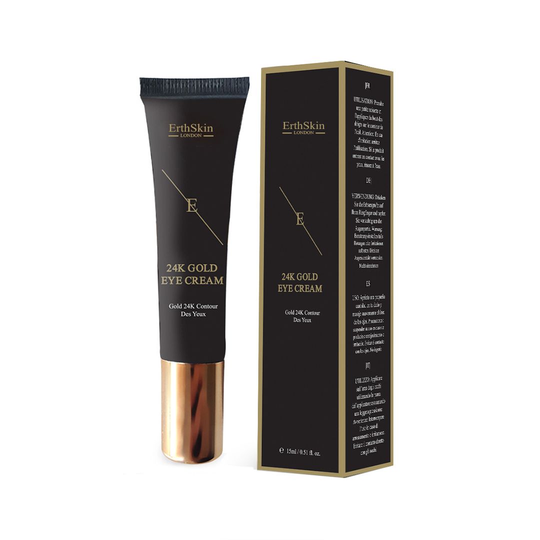 ErthSkin London 24K Gold Augencreme Tube und Faltschachtel auf schwarzem Hintergrund mit Text.