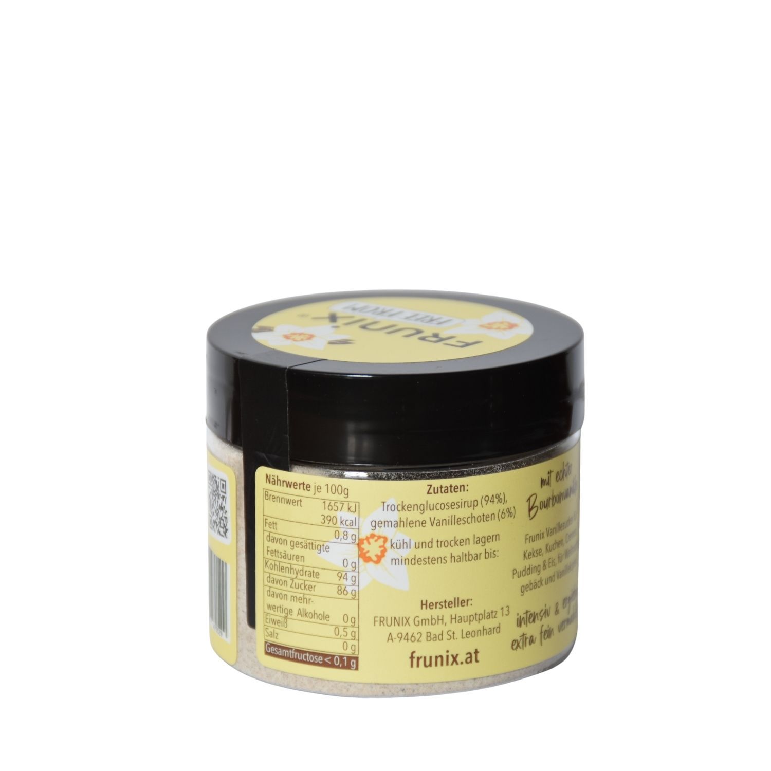 Rundes Glas mit schwarzem Deckel. Gelbes Etikett mit Nährwertangaben und Zutaten. QR-Code und Herstellerinformationen.