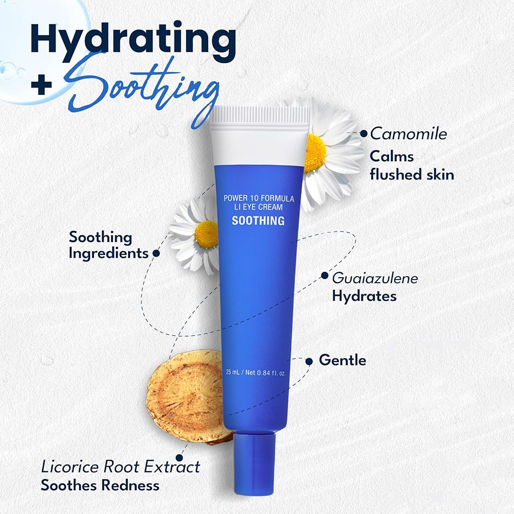 Blaue Tube mit weißem Deckel. Aufschrift: POWER 10 FORMULA LI EYE CREAM SOOTHING. Zusätzliche Elemente: Kamille, Holzstückchen.