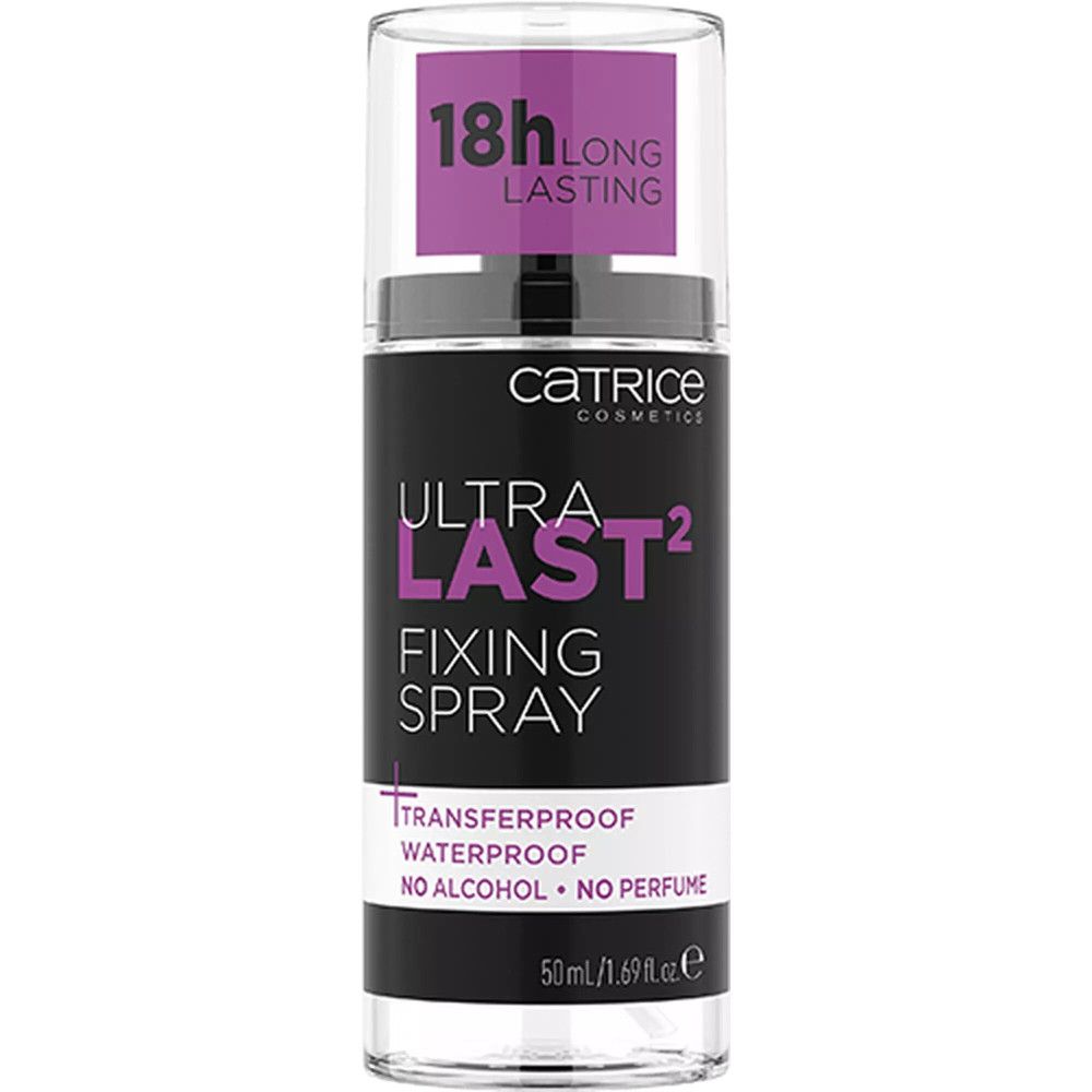Catrice Ultra Last2 Fixierspray. Schwarze Flasche mit durchsichtigem Deckel. Text: Ultra Last2 Fixing Spray, Transferproof, Waterproof, No Alcohol, No Perfume. 50ml.