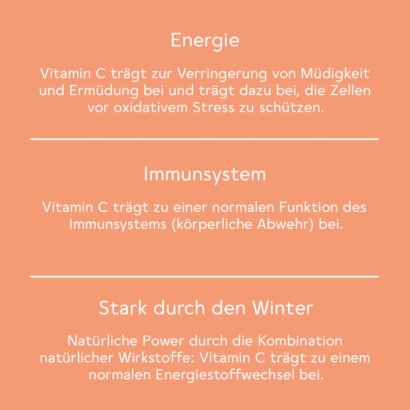 Text auf orangefarbenem Hintergrund. Informationen zu Energie, Immunsystem und stark durch den Winter.