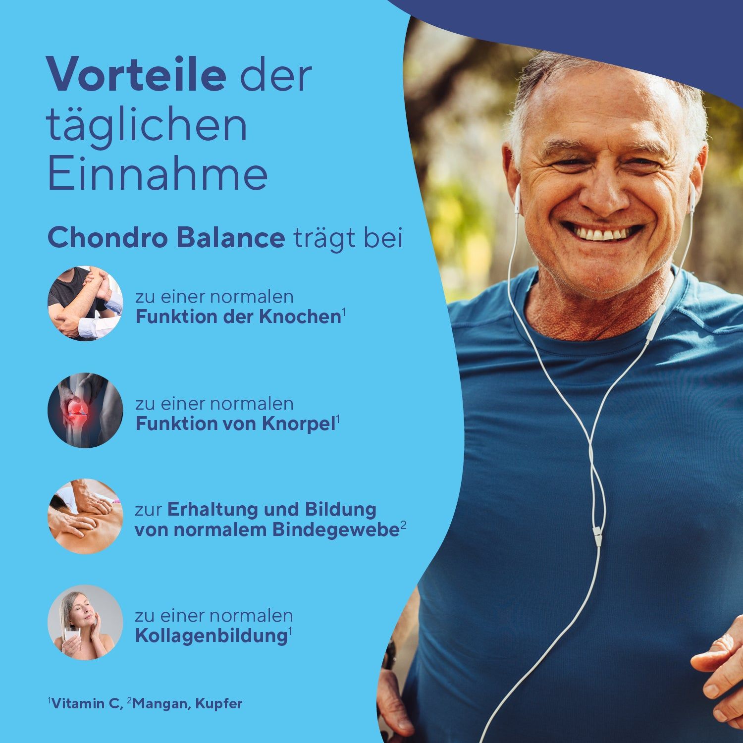 Mann beim Joggen mit Kopfhörern, lächelnd. Blauer Hintergrund mit Text über Vorteile.