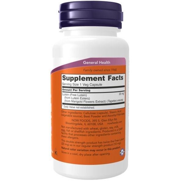 Weiße Flasche mit lila Deckel. Orangefarbenes Etikett mit Text: "Supplement Facts", "Lutein", "20 mg". Marke: NOW FOODS.
