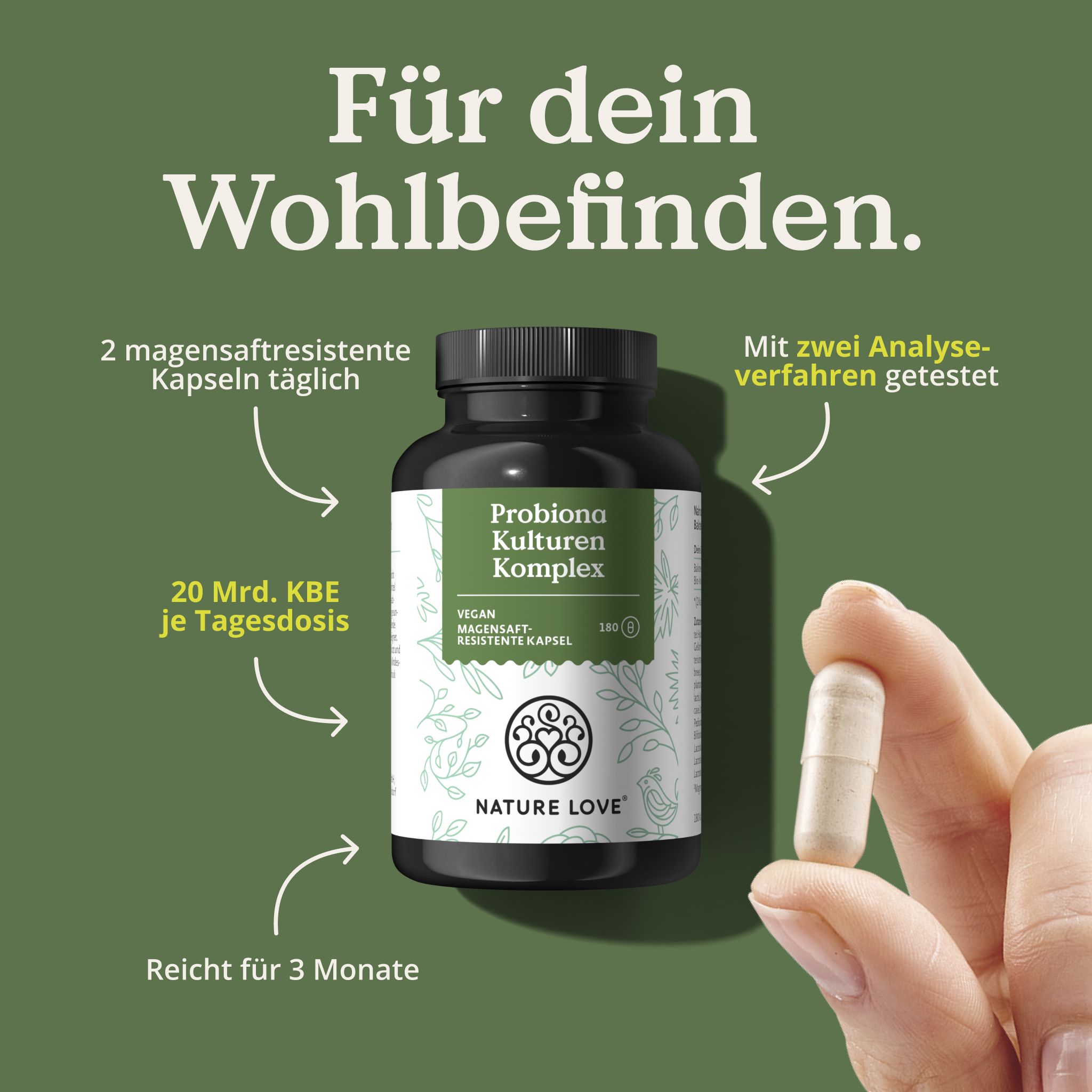 Produktflasche und Kapsel in Hand. Text: 2 magensaftresistente Kapseln täglich, 20 Mrd. KBE je Tagesdosis, reicht für 3 Monate.