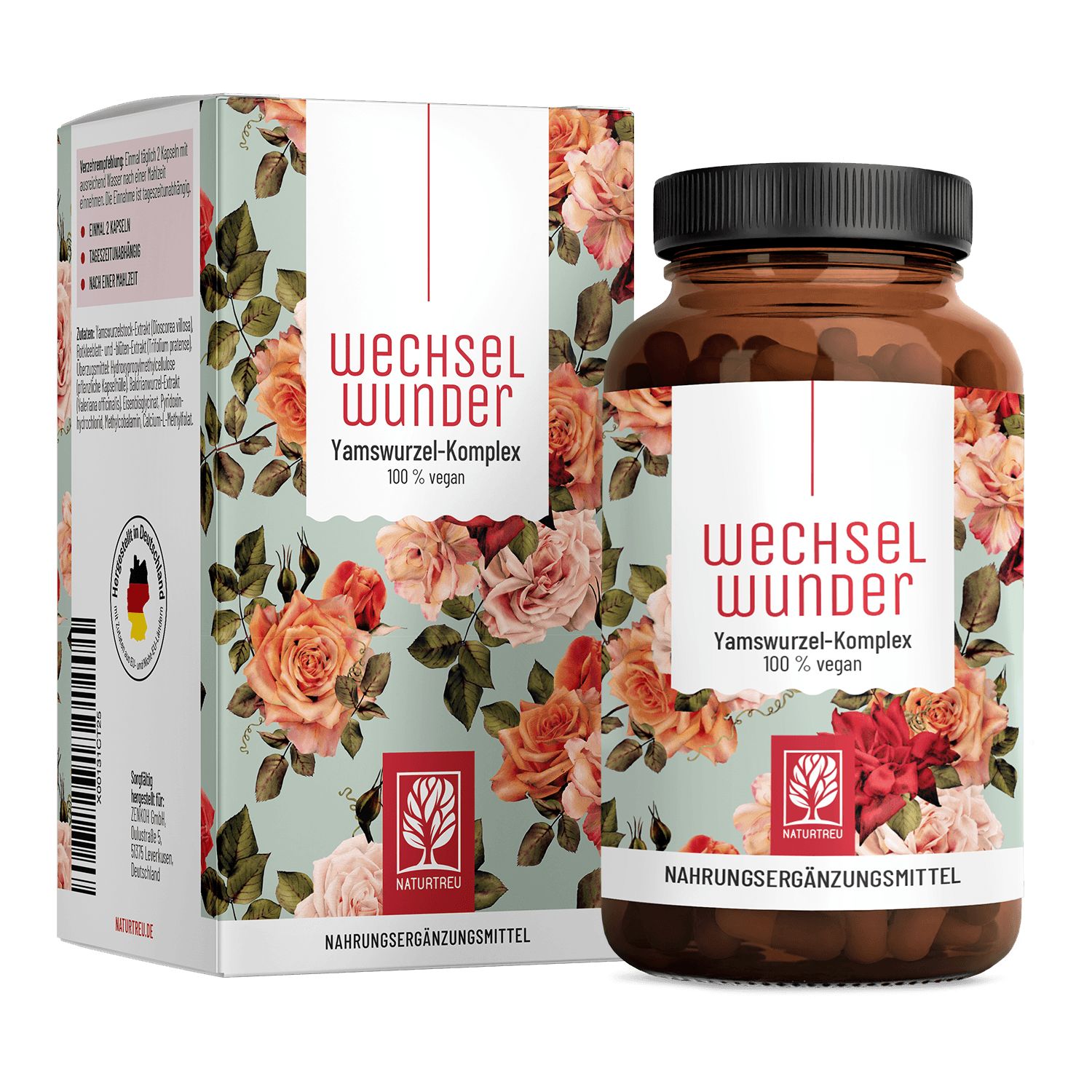 Flasche und Karton des Nahrungsergänzungsmittels Wechselwunder mit Yamswurzel-Komplex.