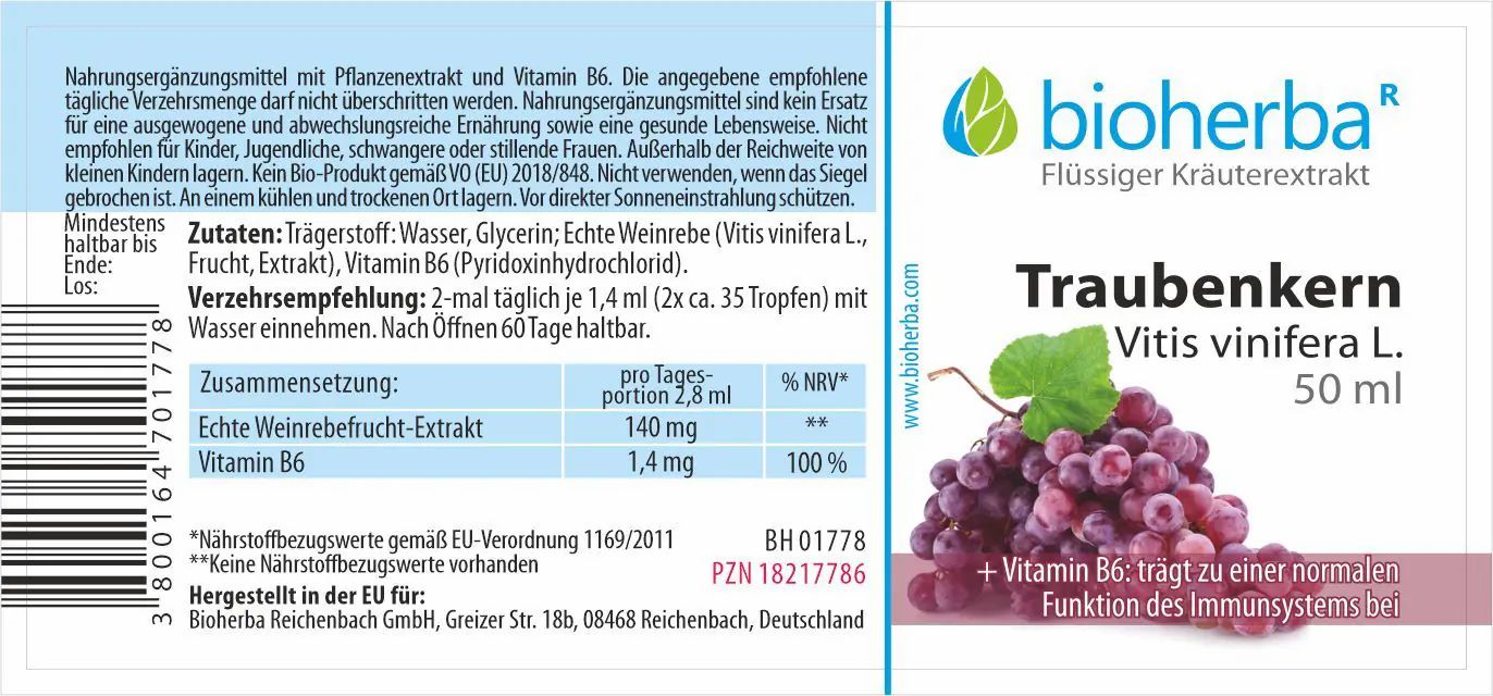 Etikett mit Produktnamen, Traubendarstellung, Markenlogo und Nährwertangaben. Text in deutscher Sprache.