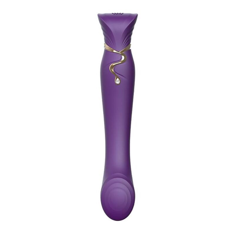 Lila Vibrator mit geschwungener Form, goldfarbenem Detail und Kristall. Runde Basis, wellenförmiger Kopf.