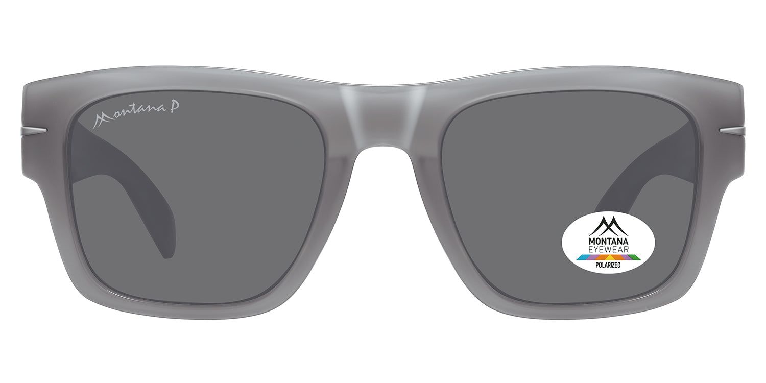 Graue Sonnenbrille mit quadratischen Gläsern. Montana Eyewear Logo und Polarized-Aufkleber. Mattes Finish.