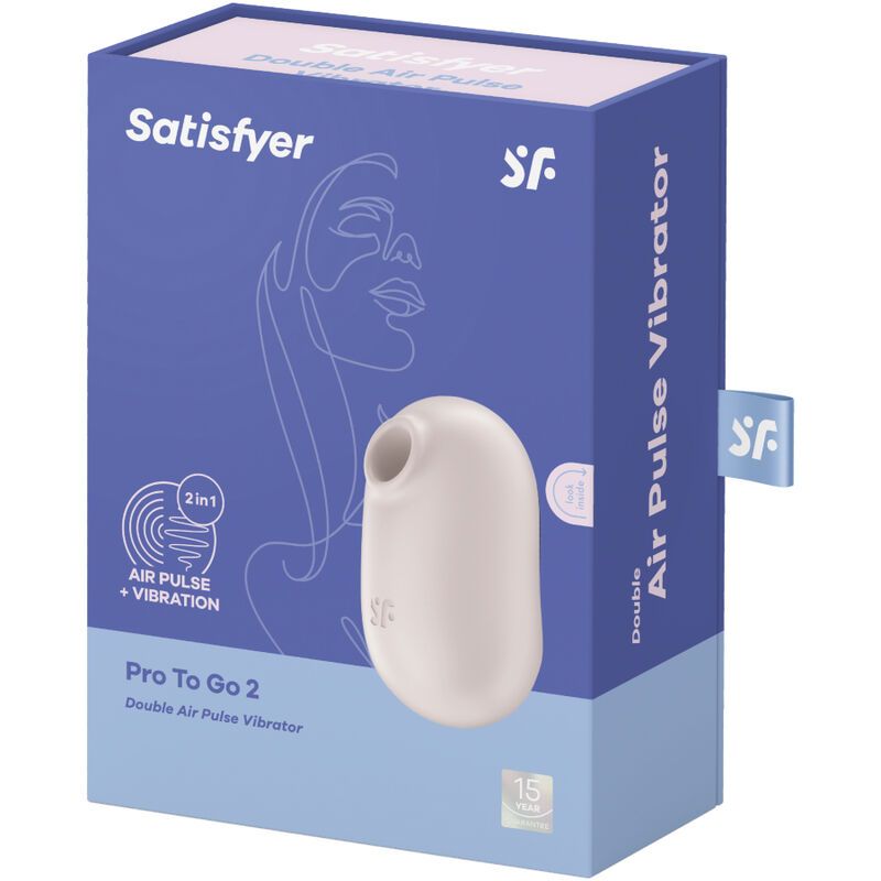 Verpackung des Satisfyer Pro To Go 2 mit Abbildung des Vibrators und Produktmerkmalen.