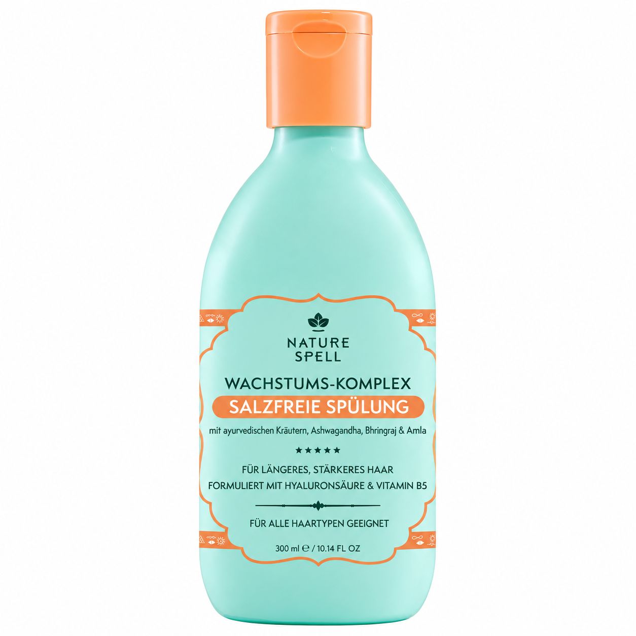 Türkise Flasche "Nature Spell" Wachstums-Komplex Spülung mit orangefarbenem Klappverschluss.