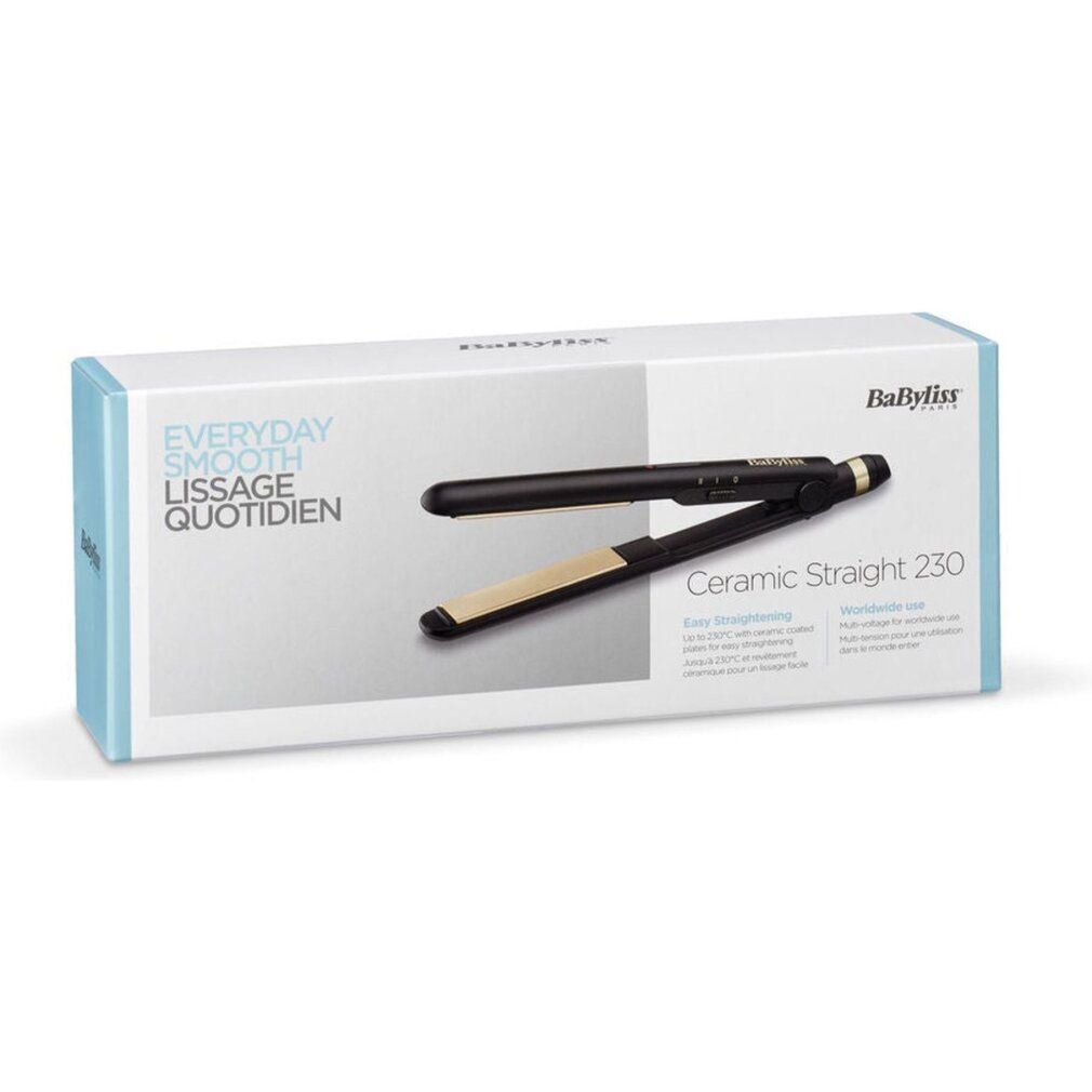 Verpackung für ein Glätteisen. Aufschrift: Everyday Smooth, Ceramic Straight 230. Marke Babyliss.
