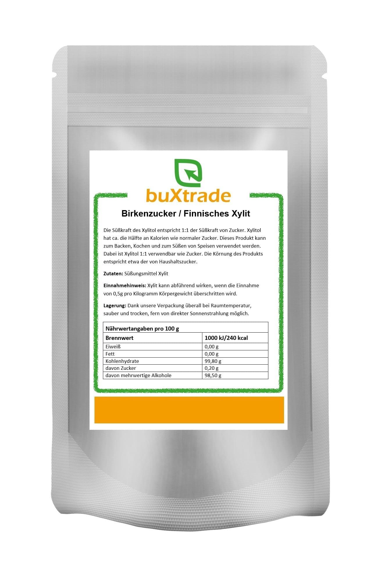 Beutel mit Birkenzucker/Finnischem Xylit. Aufdruck mit Nährwertangaben. Marke: buXtrade.
