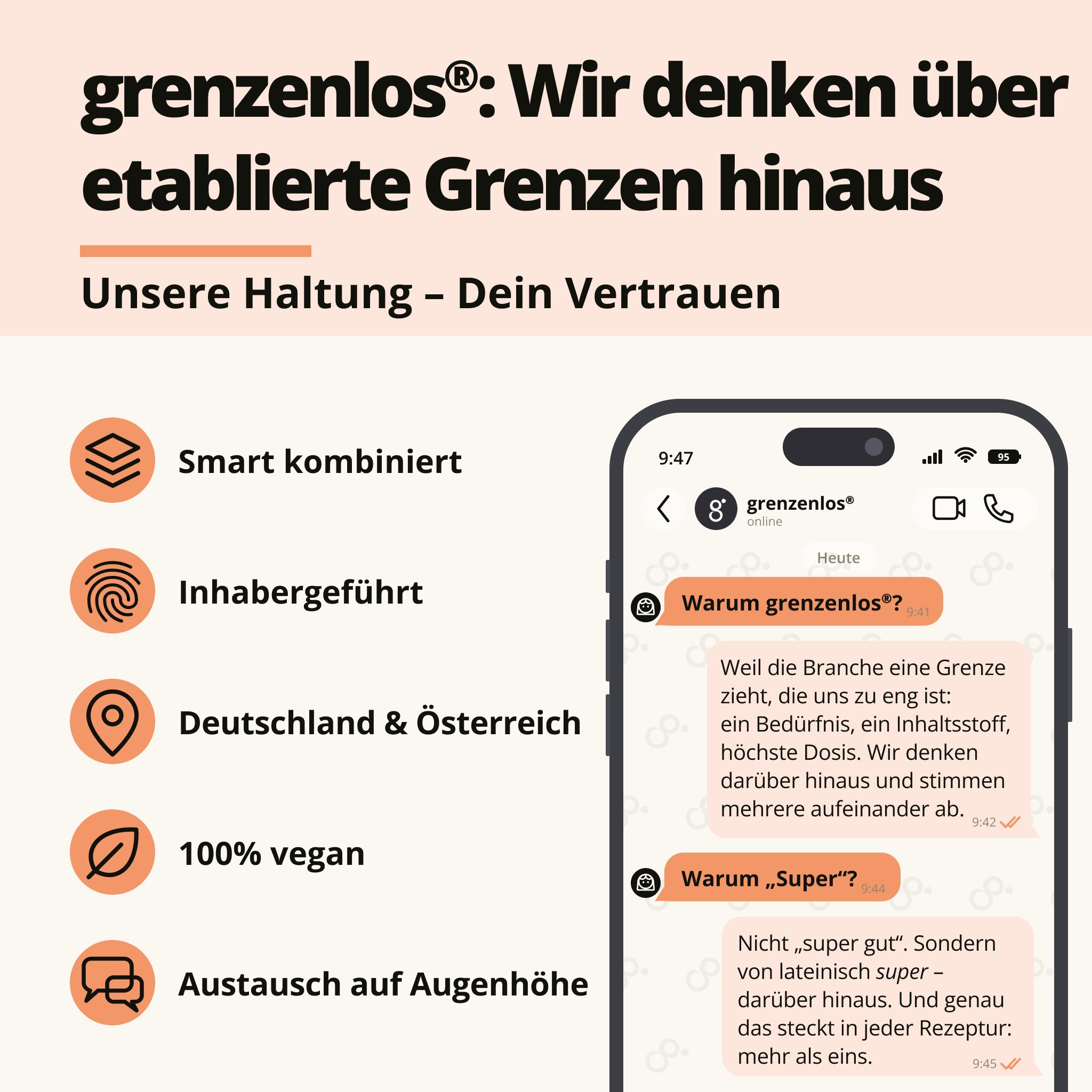 Screenshot einer Chat-App mit Erklärungen zu 'grenzenlos' und 'Super Focus'.