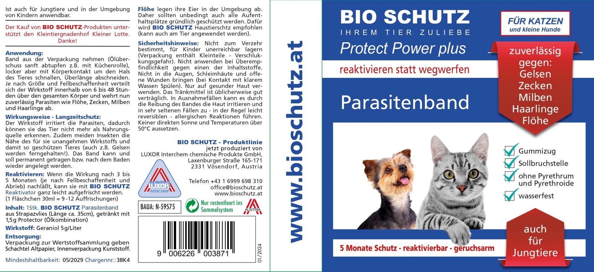 Produktverpackung von Bio Schutz Parasitenband. Geöffnete Verpackung mit Produktname, Abbildungen von Hund und Katze, und Text. Enthält Text in deutscher Sprache.