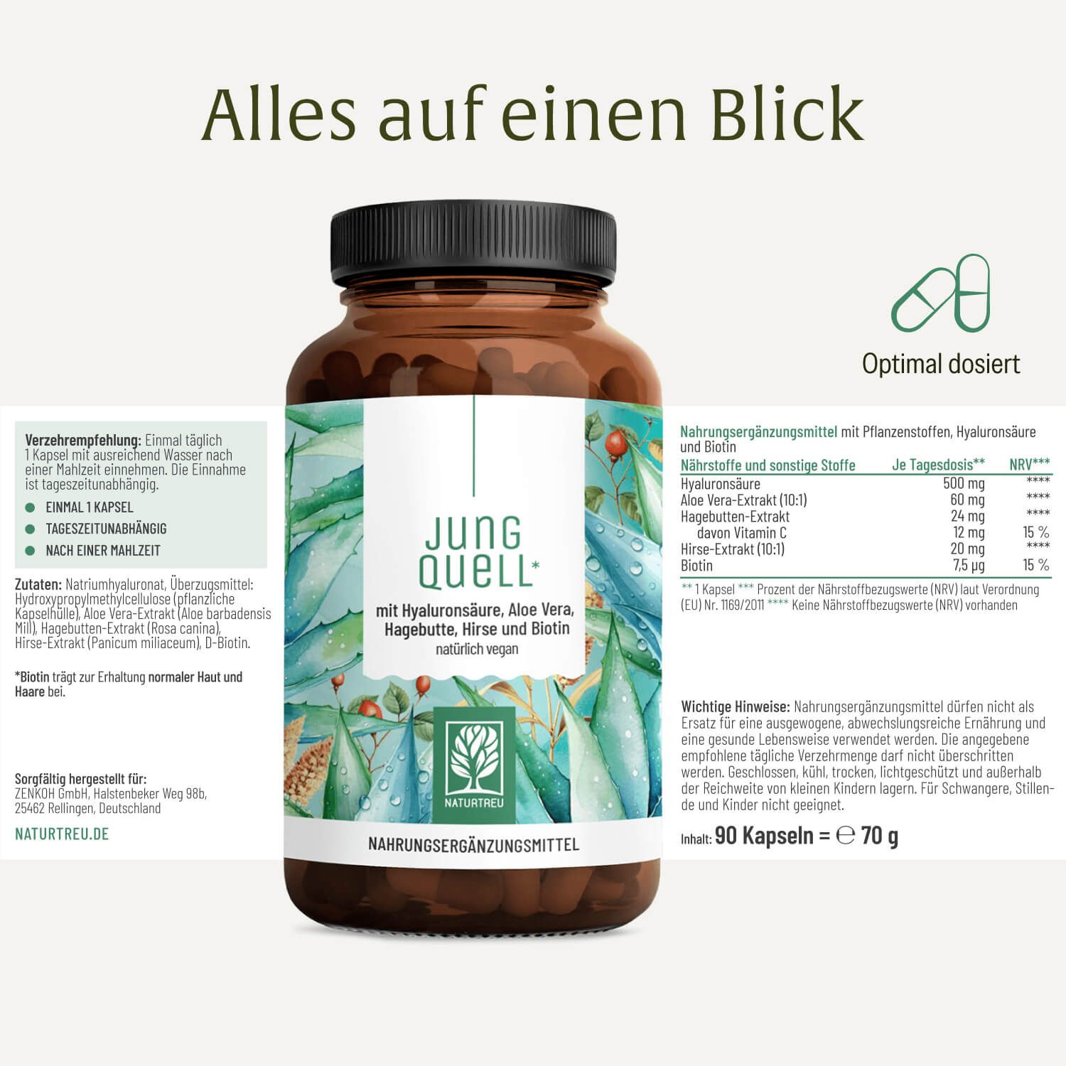 NATURTREU® Jung Quell Flasche: 90 Kapseln, Hyaluronsäure, Aloe Vera, Hirse, Biotin.