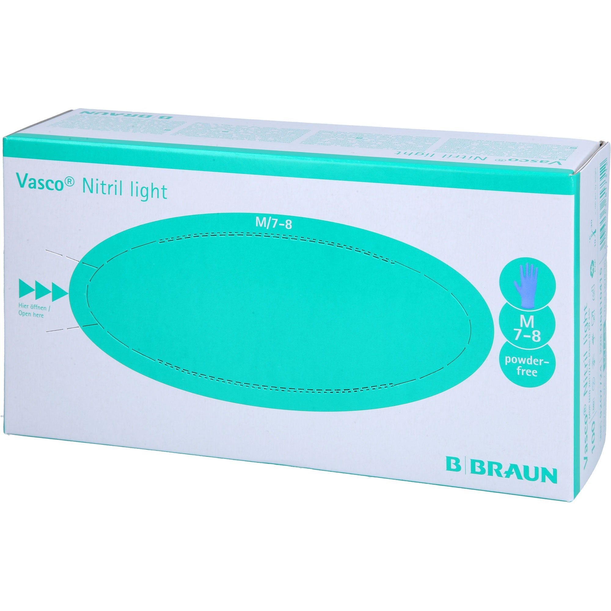 Verpackung B. Braun Vasco Nitril light Untersuchungshandschuhe, Größe M/7-8, puderfrei.