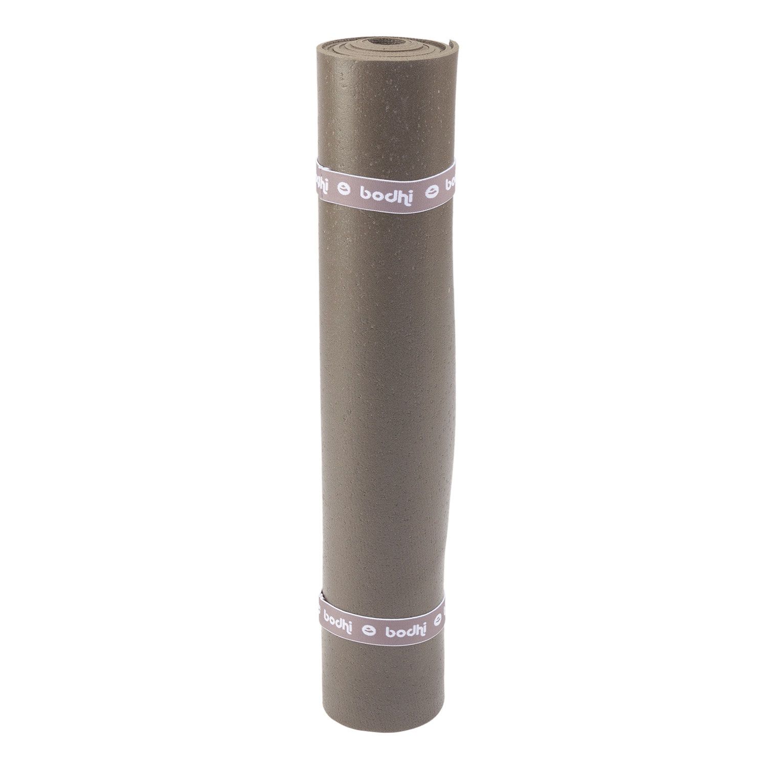 Gerollte Yogamatte mit zwei Haltebändern. Graue Matte, graue Bänder mit weißem "bodhi"-Schriftzug.