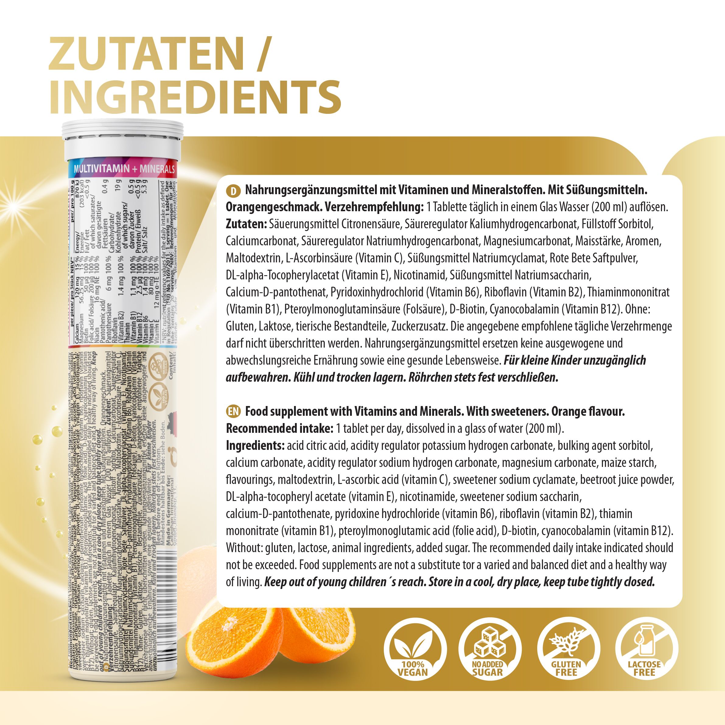 EVÄM Multivitamin + Mineralien Brausetablette mit Text: Zutaten/Inhaltsstoffe. Text: Nahrungsergänzungsmittel mit Vitaminen und Mineralstoffen.
