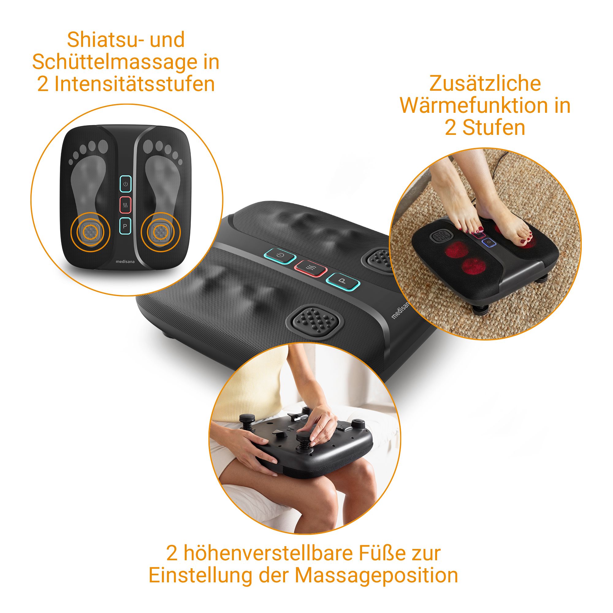 Fußmassagegerät mit Shiatsu- und Schüttelmassage, Wärmefunktion, verstellbaren Füßen.