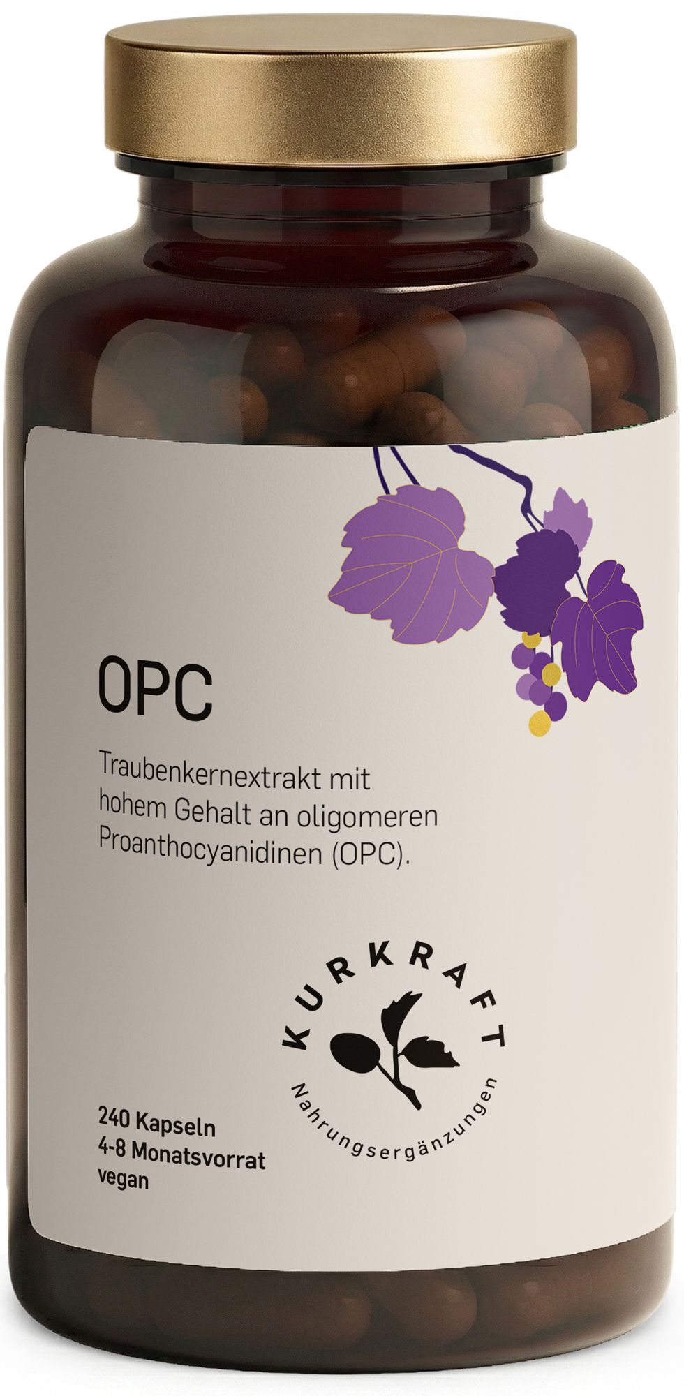 Braune Flasche mit OPC Kapseln. Text: 240 Kapseln, 4-8 Monatsvorrat, vegan. Kurkraft.