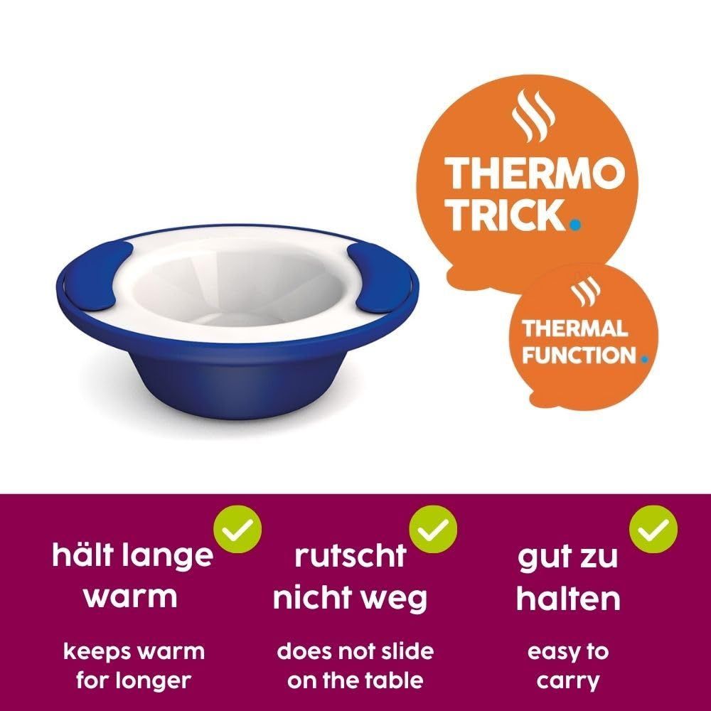 Blaue ORNAMIN Thermoschale 203 mit weißen Griffen. "Thermo Trick" und "Thermal Function" sind hervorgehoben.