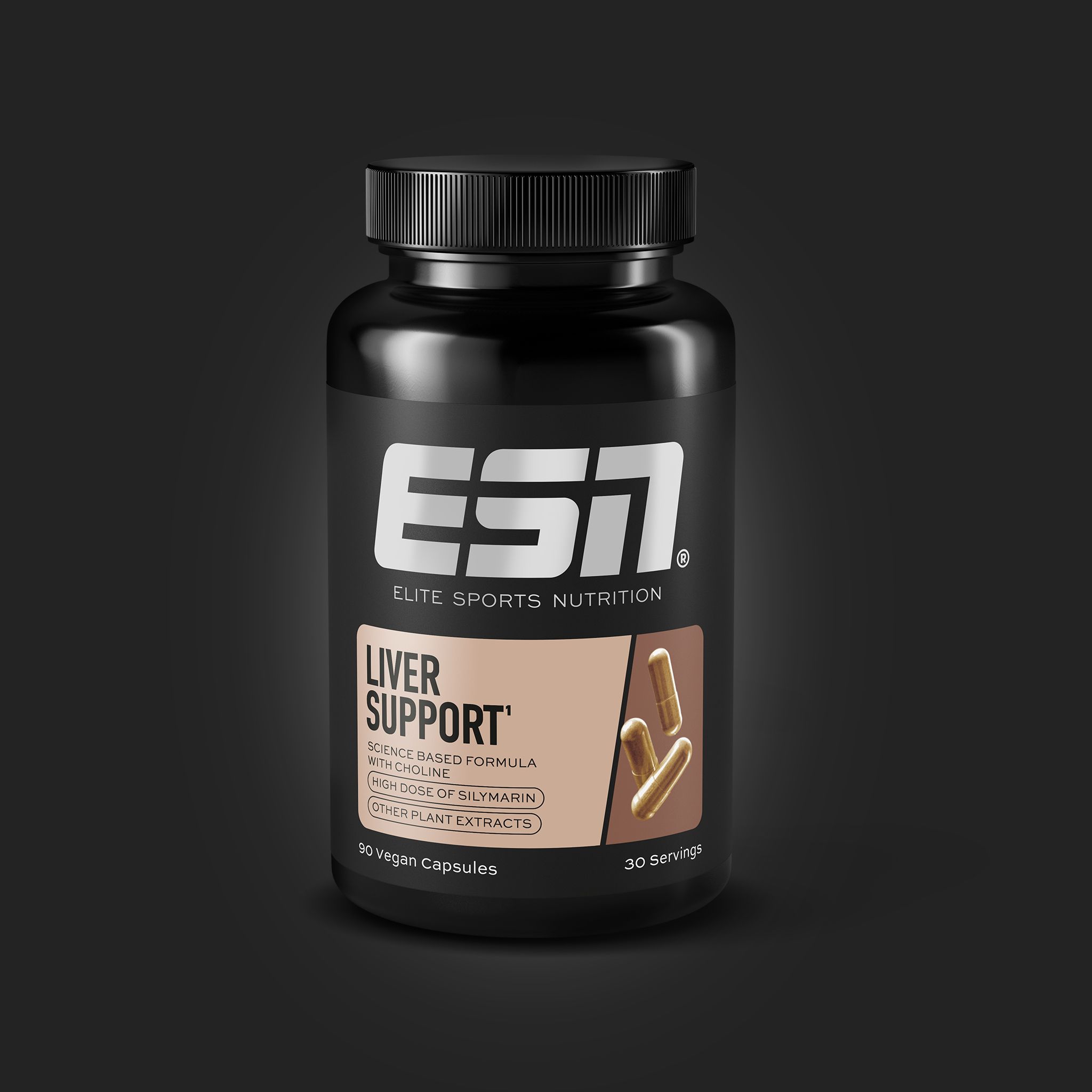 Schwarze Flasche mit ESN-Logo und 'Liver Support'. Enthält Kapseln. Schwarzer Hintergrund.