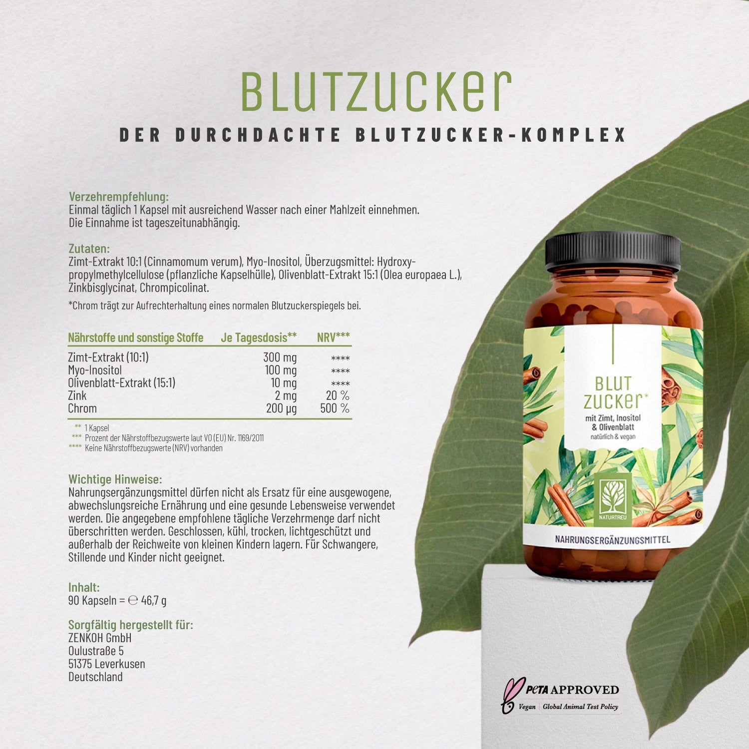 Braune Glasflasche mit Kapseln. Text: Blutzucker, mit Zimt, Inositol & Olivenblatt. Inhaltsstoffe und Nährwerte. PETA-Logo.