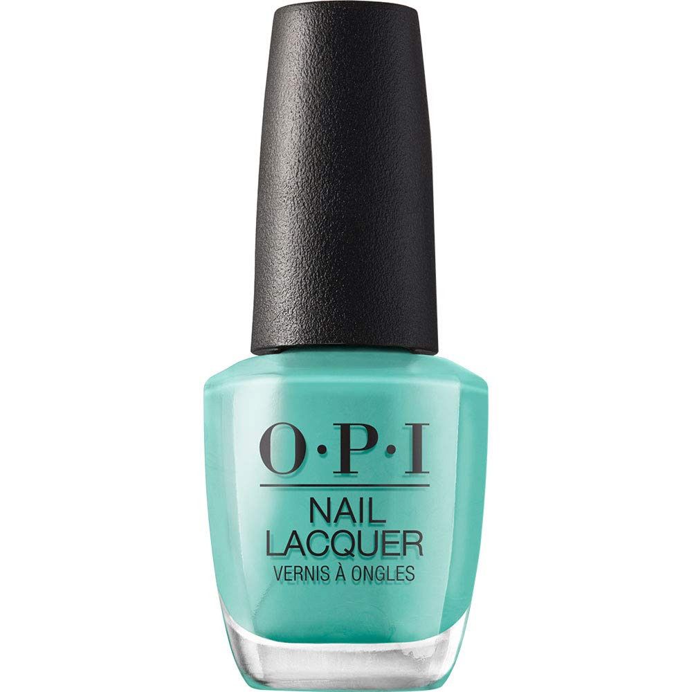 Türkisgrüner Nagellackflakon mit schwarzem Deckel. Aufschrift: OPI, Nail Lacquer.