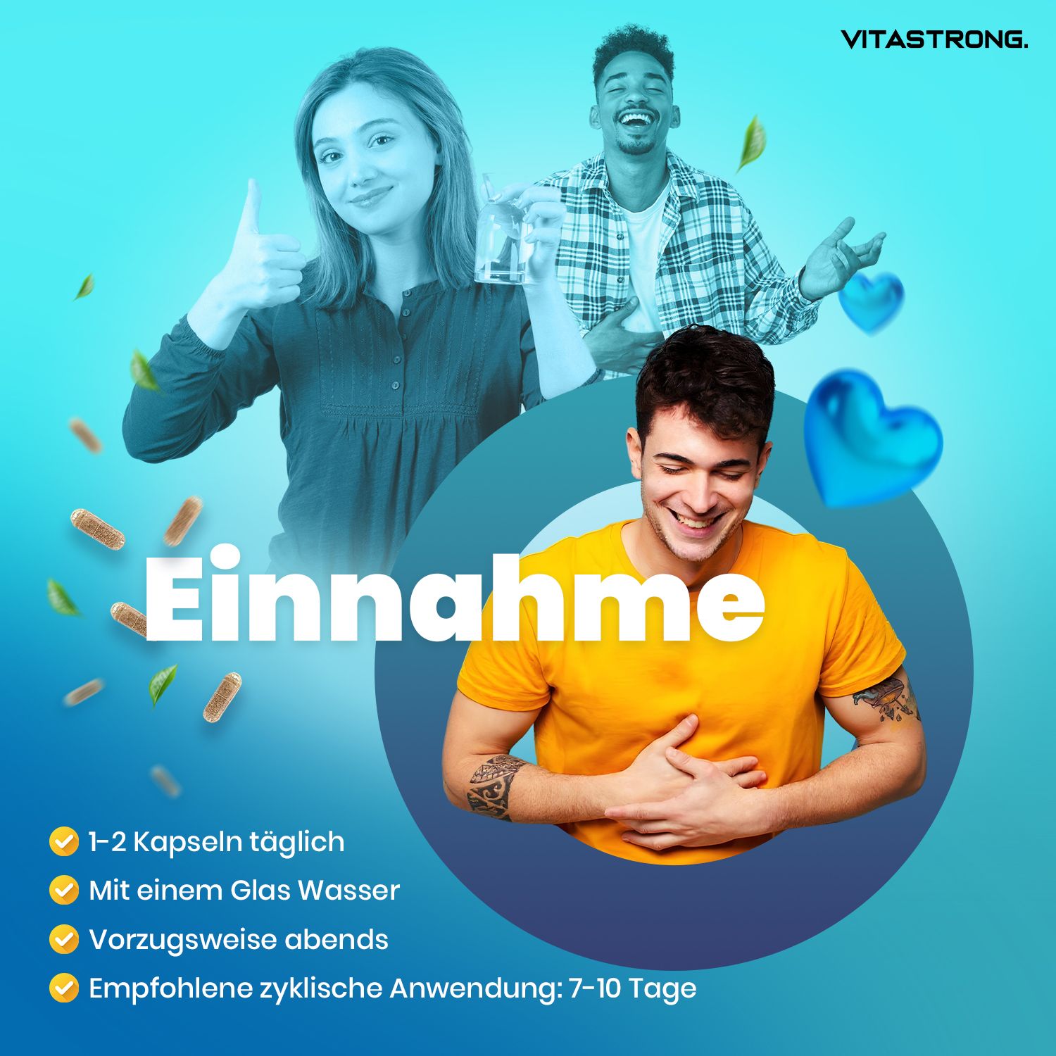 Vitastrong Laxastrong. Einnahme: 1-2 Kapseln täglich, mit Wasser, vorzugsweise abends. Empfohlene Anwendung: 7-10 Tage.