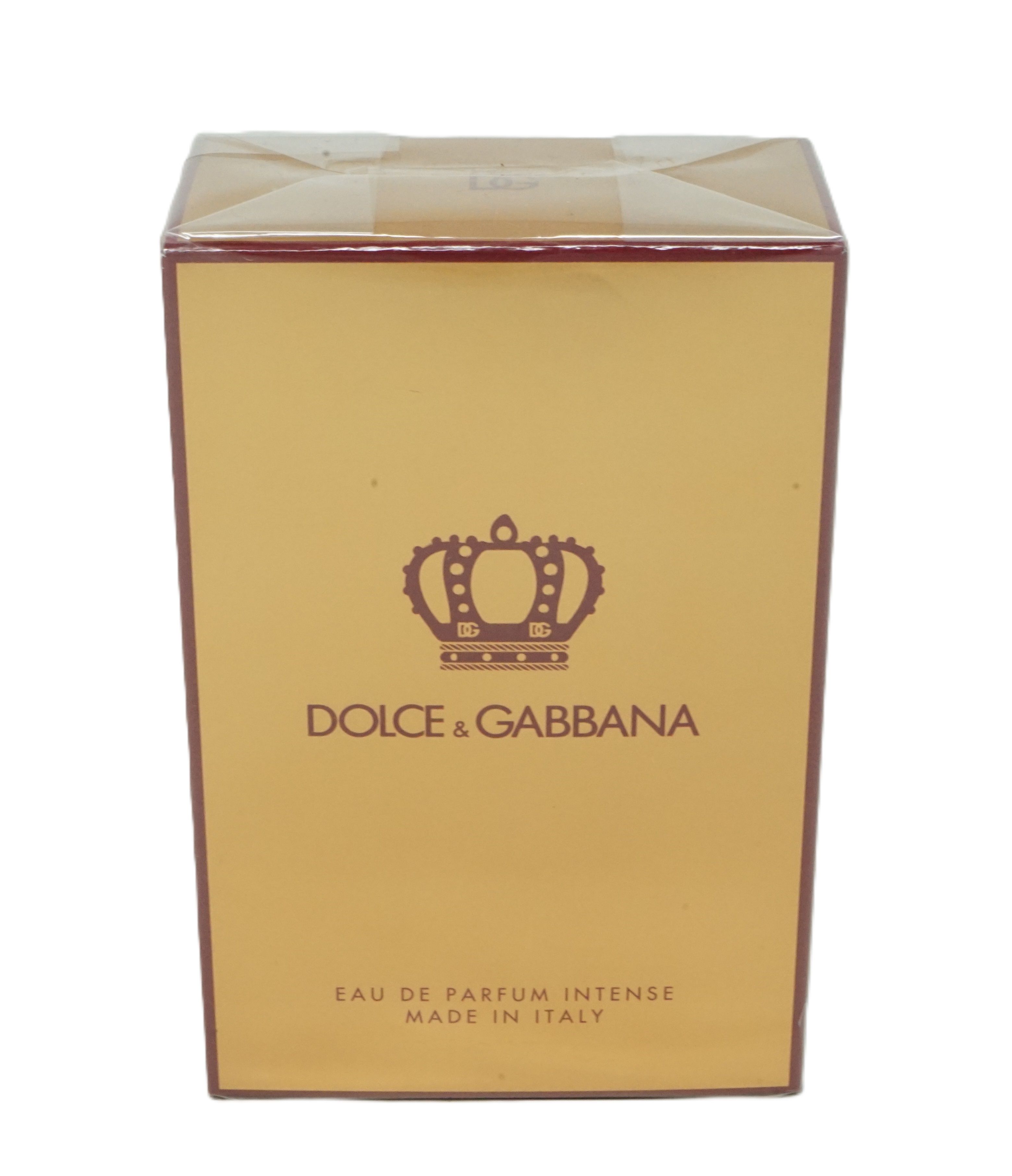 Parfümverpackung, goldfarben. Logo: Krone, Dolce & Gabbana. Aufschrift: Eau de Parfum Intense, Made in Italy.