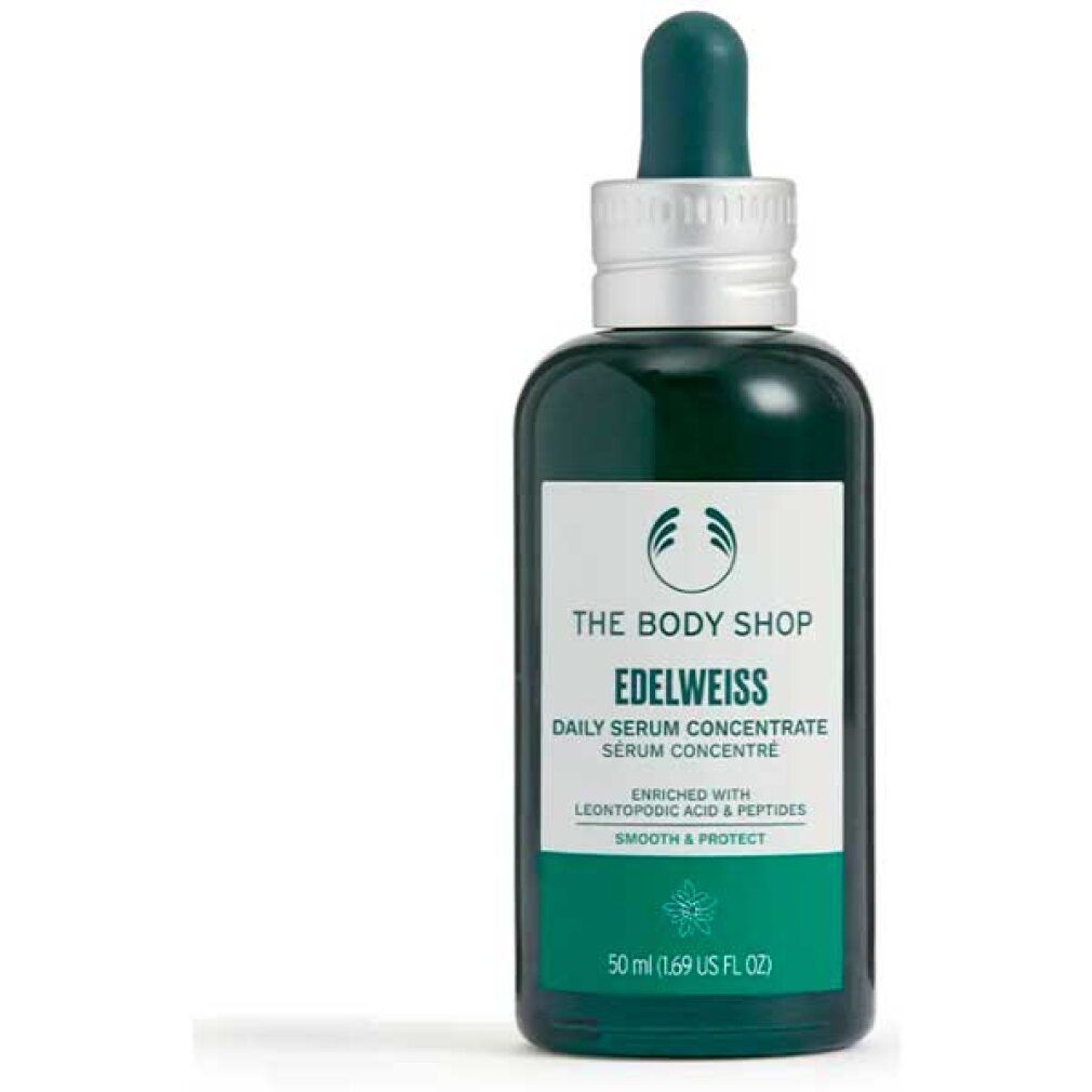 Grüne Flasche mit Pipette. Aufschrift: The Body Shop Edelweiss Daily Serum Concentrate. Enthält Leontopodium Acid & Peptide. 50 ml.