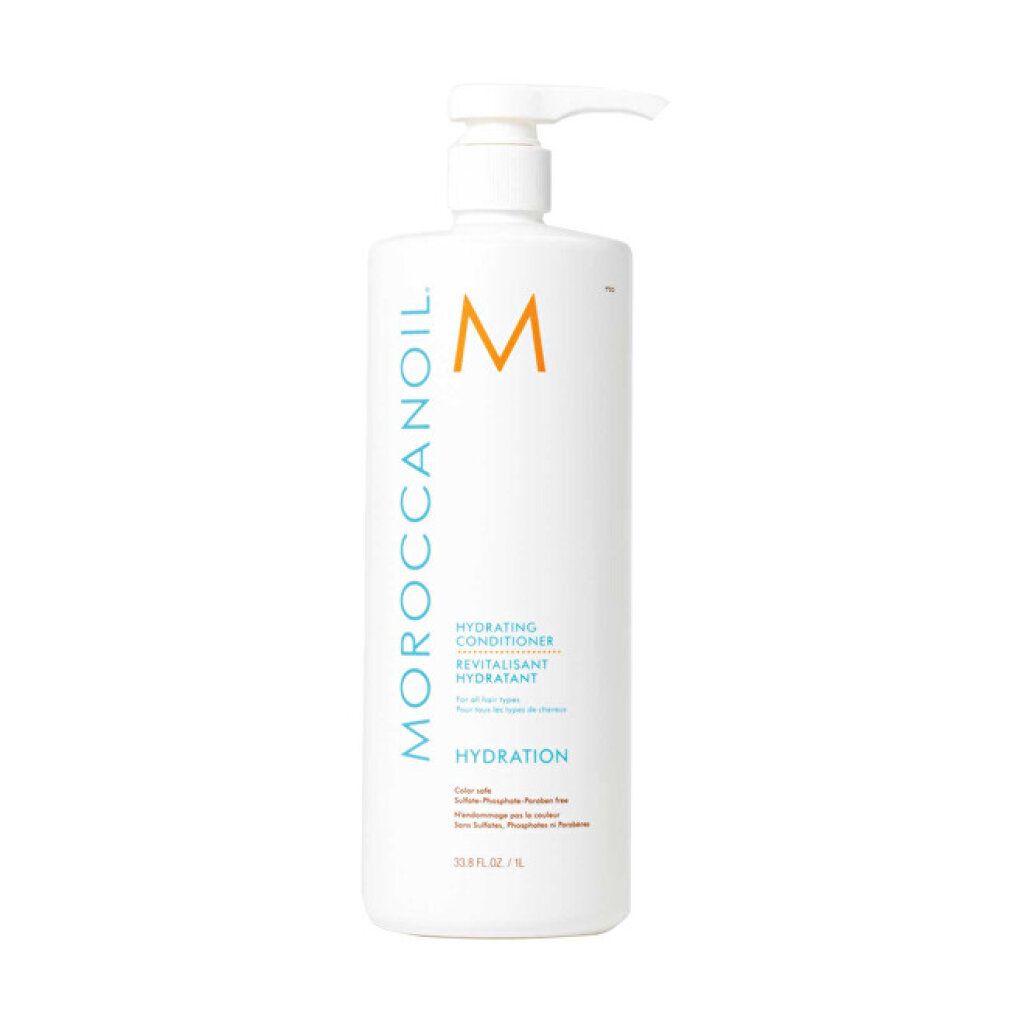 Große weiße Flasche mit orangefarbenem Logo und Text. Enthält Hydrating Conditioner. Text: Hydration, 33.8 FL.OZ./1 L.