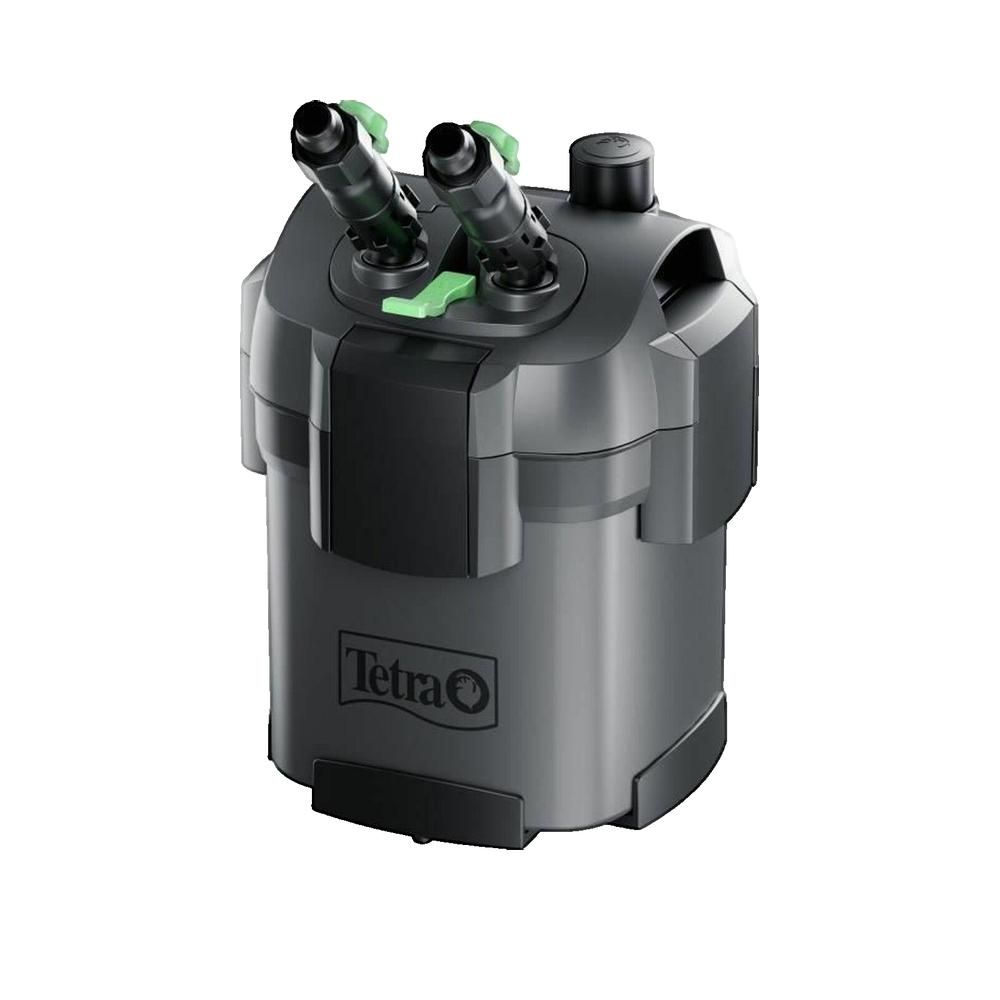 Grauer Aquariumfilter mit grünen Anschlüssen. Marke Tetra sichtbar. Perspektivische Ansicht.