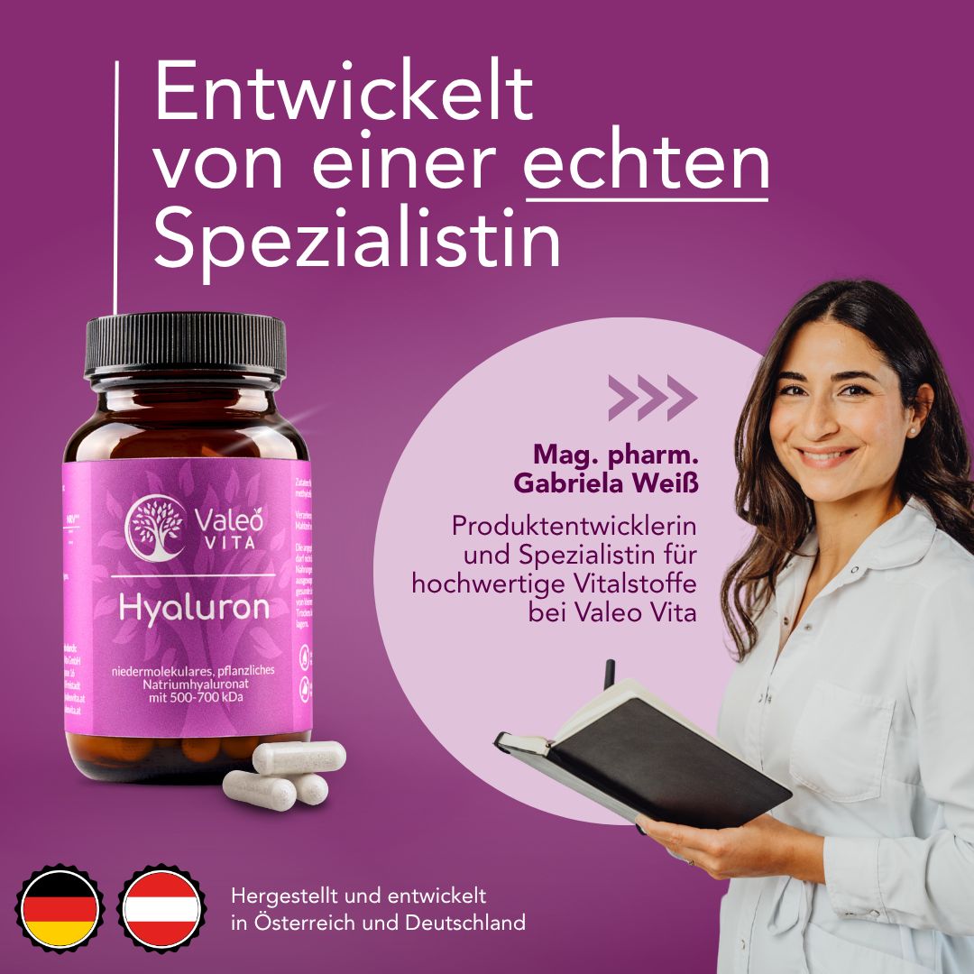 Produktflasche mit Kapseln neben einer Frau. Text: Entwickelt von einer echten Spezialistin. Hergestellt in Österreich und Deutschland.
