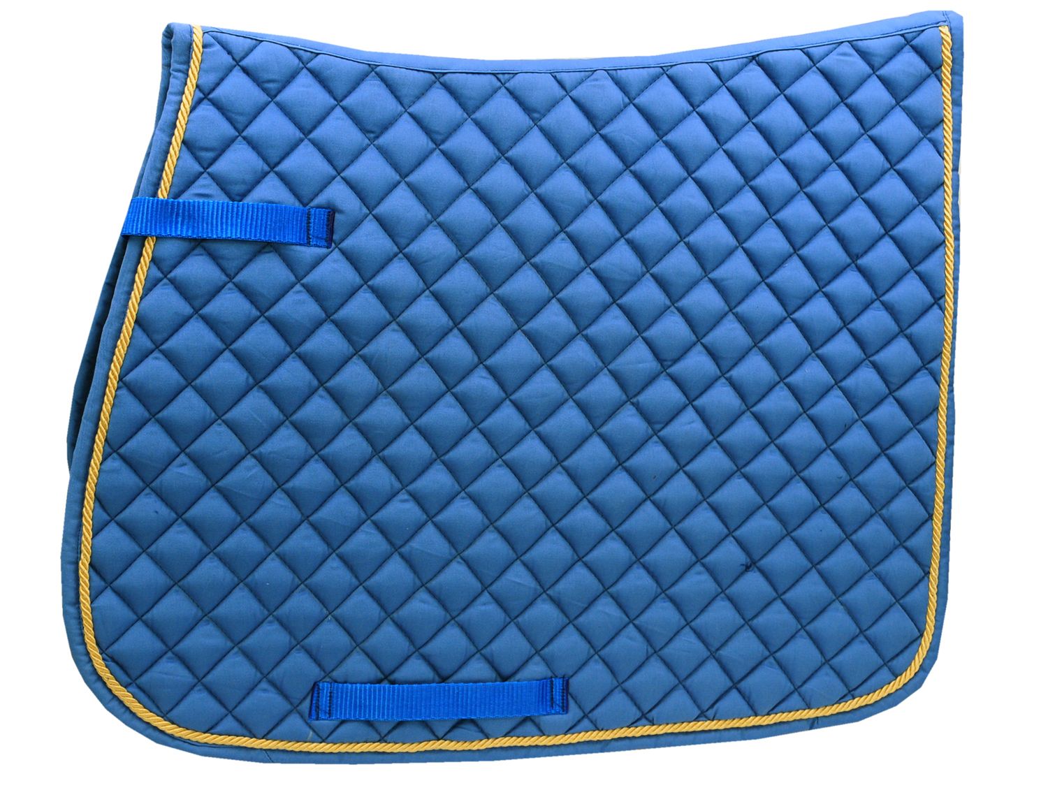 Blau gesteppte Schabracke mit goldfarbener Kordel. Zwei blaue Schlaufen. Quadratisches Muster.