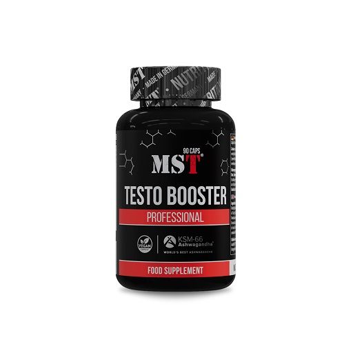 Schwarze Kapsel-Dose mit rotem Streifen. Aufschrift: MST Testo Booster Professional. 90 Kapseln. Vegan. KSM-66 Ashwagandha. Nahrungsergänzungsmittel.