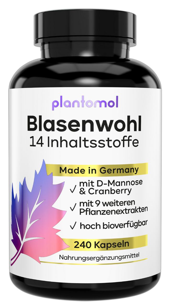 Braune Flasche mit schwarzen Deckel. Aufschrift: plantomol Blasenwohl, 14 Inhaltsstoffe, 240 Kapseln. Enthält D-Mannose & Cranberry. Made in Germany.