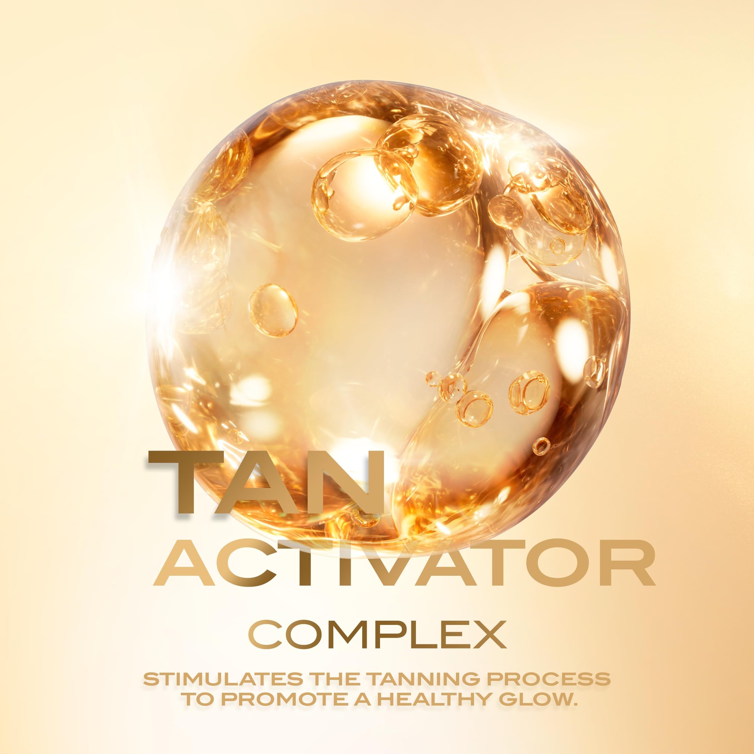 Goldene Kugel mit "TAN ACTIVATOR COMPLEX". Text zur Förderung eines gesunden Glanzes.