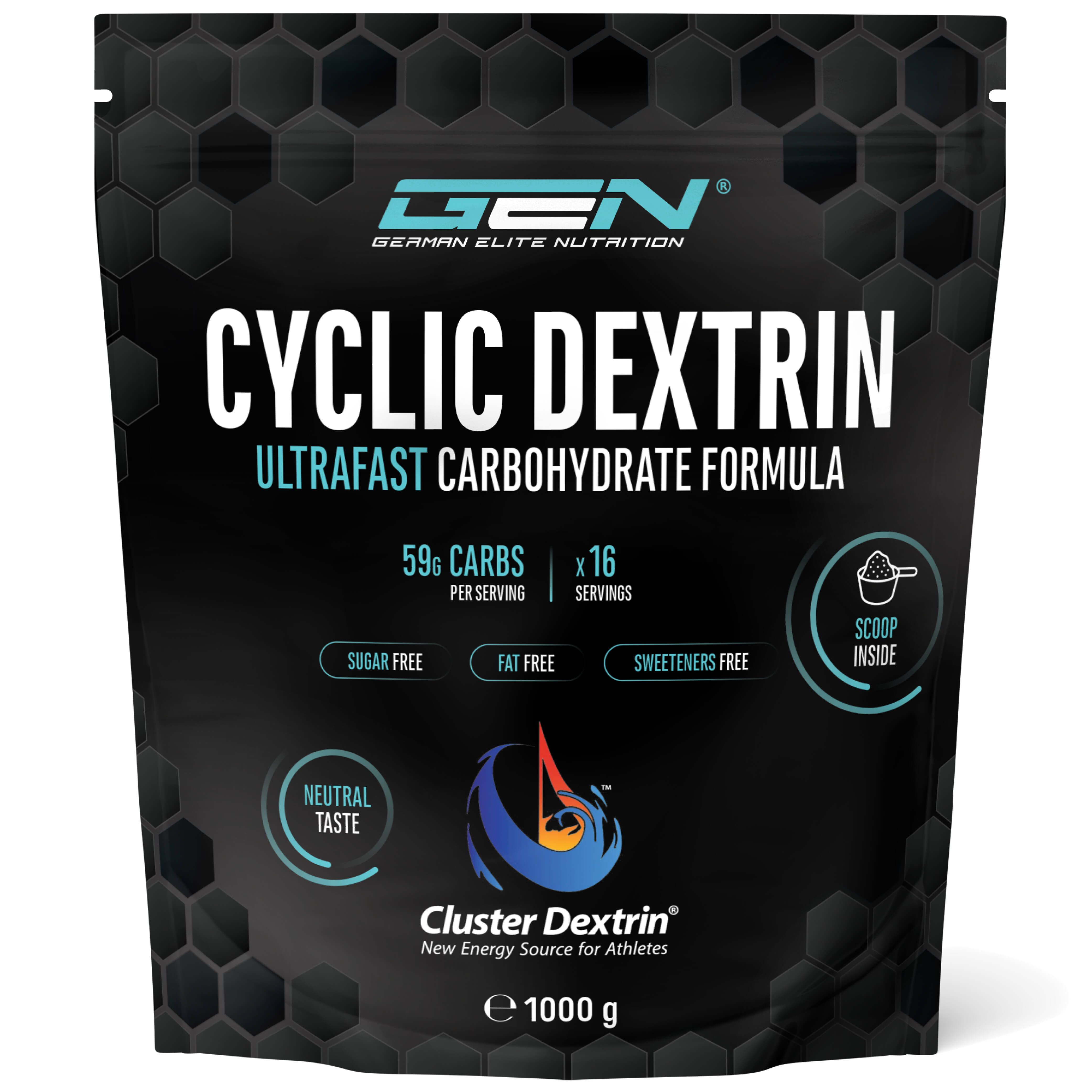 Schwarze Verpackung von GEN Cyclic Dextrin. Text: Ultrafast Carbohydrate Formula, 59g Kohlenhydrate pro Portion, 16 Portionen, 1000g, zuckerfrei, fettfrei, ohne Süßstoffe.