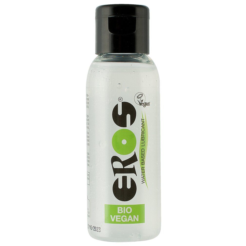 Klare Flasche mit schwarzem Deckel. Aufschrift: EROS, BIO VEGAN. Vegan-Siegel.