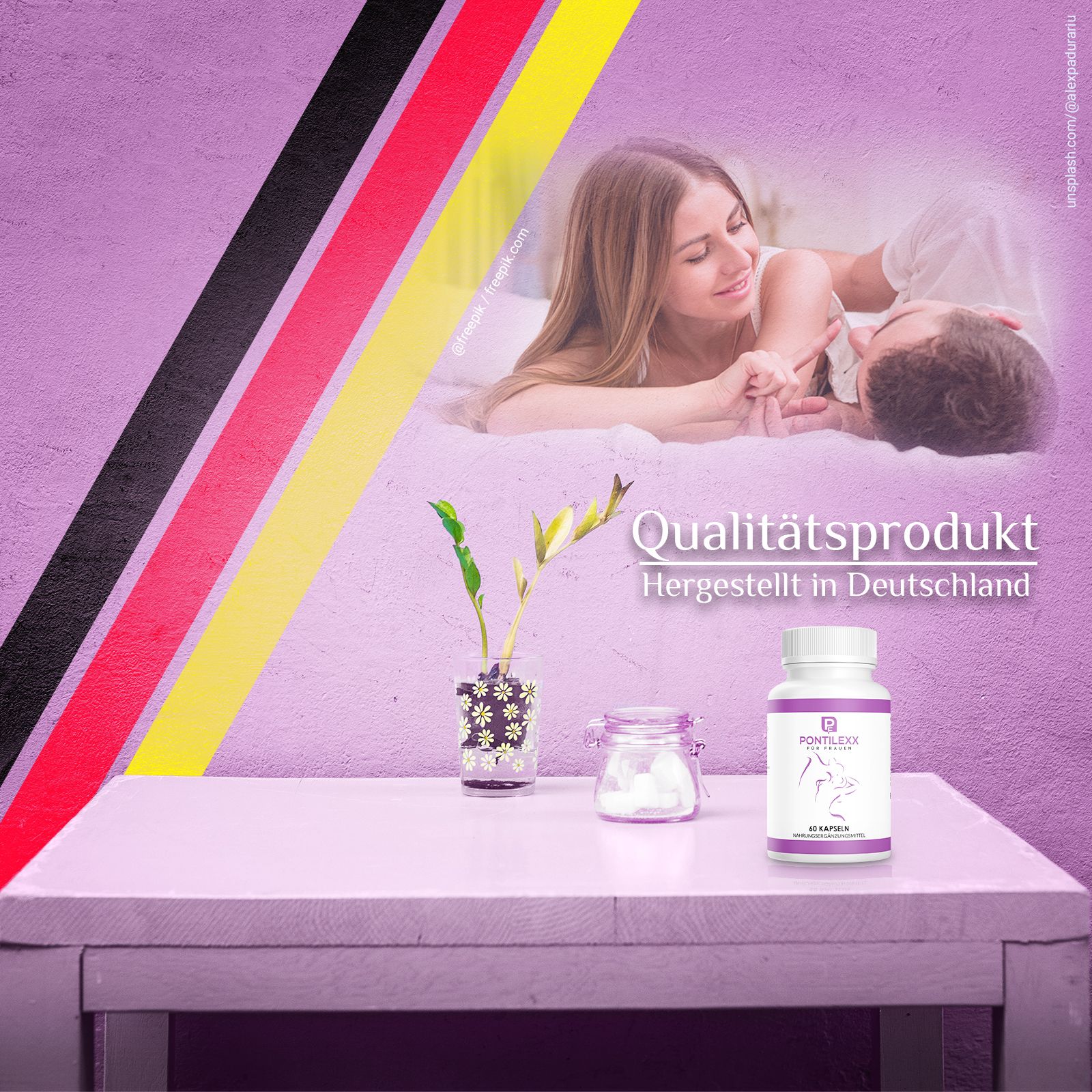 Weißes Pillenfläschchen mit lila Etikett. Aufschrift: PONTILexx für Frauen, 60 Kapseln. Nahrungsergänzungsmittel. Text: Qualitätsprodukt. Hergestellt in Deutschland.