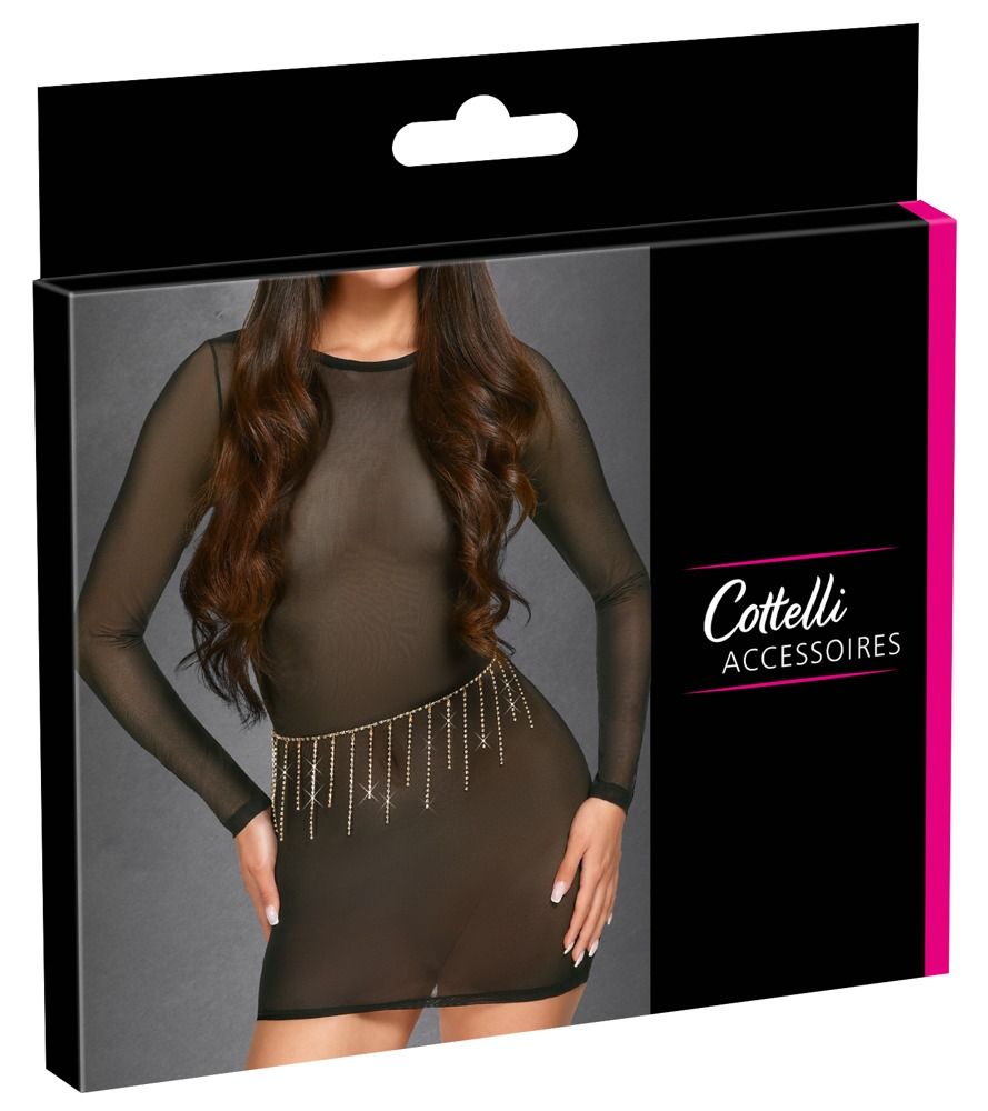 Schwarze Verpackung mit Produktabbildung. Cottelli Accessoires Logo. Frau trägt ein schwarzes Kleid mit Strass-Bikinikette.