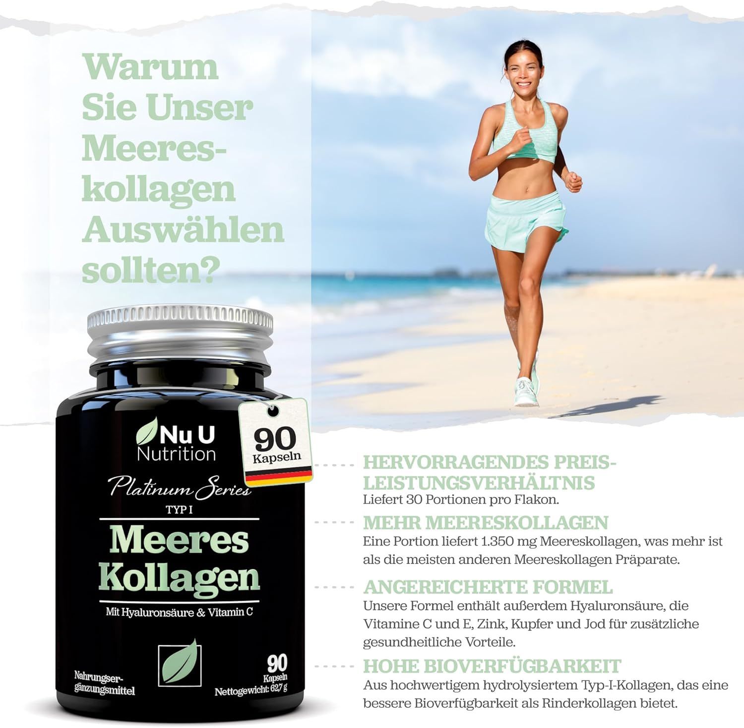 Produktflasche neben einer Frau beim Joggen. Flasche: Nu U Nutrition, Meeres Kollagen, 90 Kapseln. Mit Hyaluronsäure & Vitamin C.