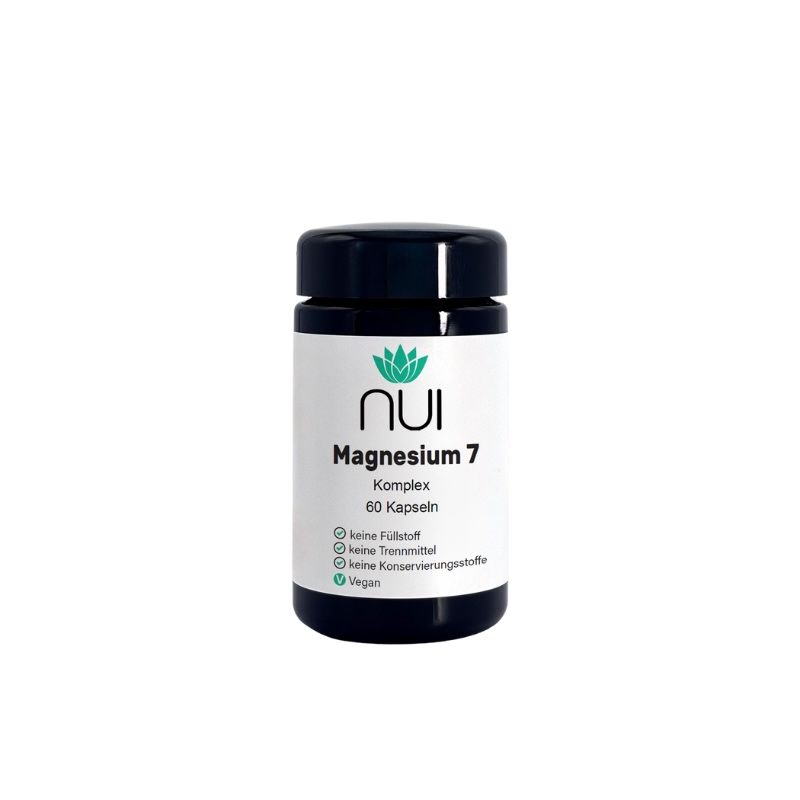 Dunkelblaue Dose mit weißem Etikett. Aufschrift: NUI Magnesium 7, 60 Kapseln. Vegan, ohne Füllstoff, Trennmittel und Konservierungsstoffe.