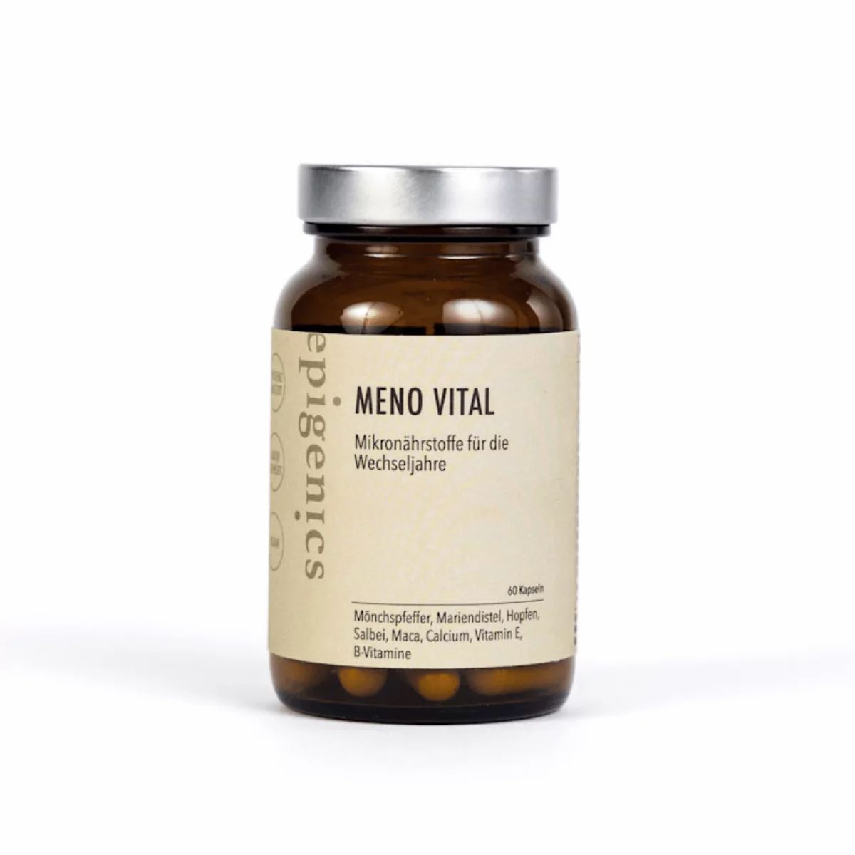 Braune Glasflasche mit silbernem Deckel. Text: Meno Vital, Mikronährstoffe für die Wechseljahre. 60 Kapseln.
