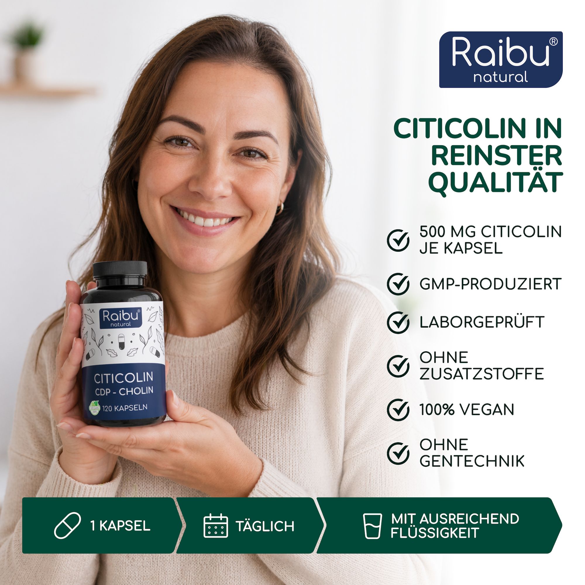 Cholin Citicolin Kapseln Hochdosiert 500 mg je Kapsel - Bioaktive Cholinform - RAIBU